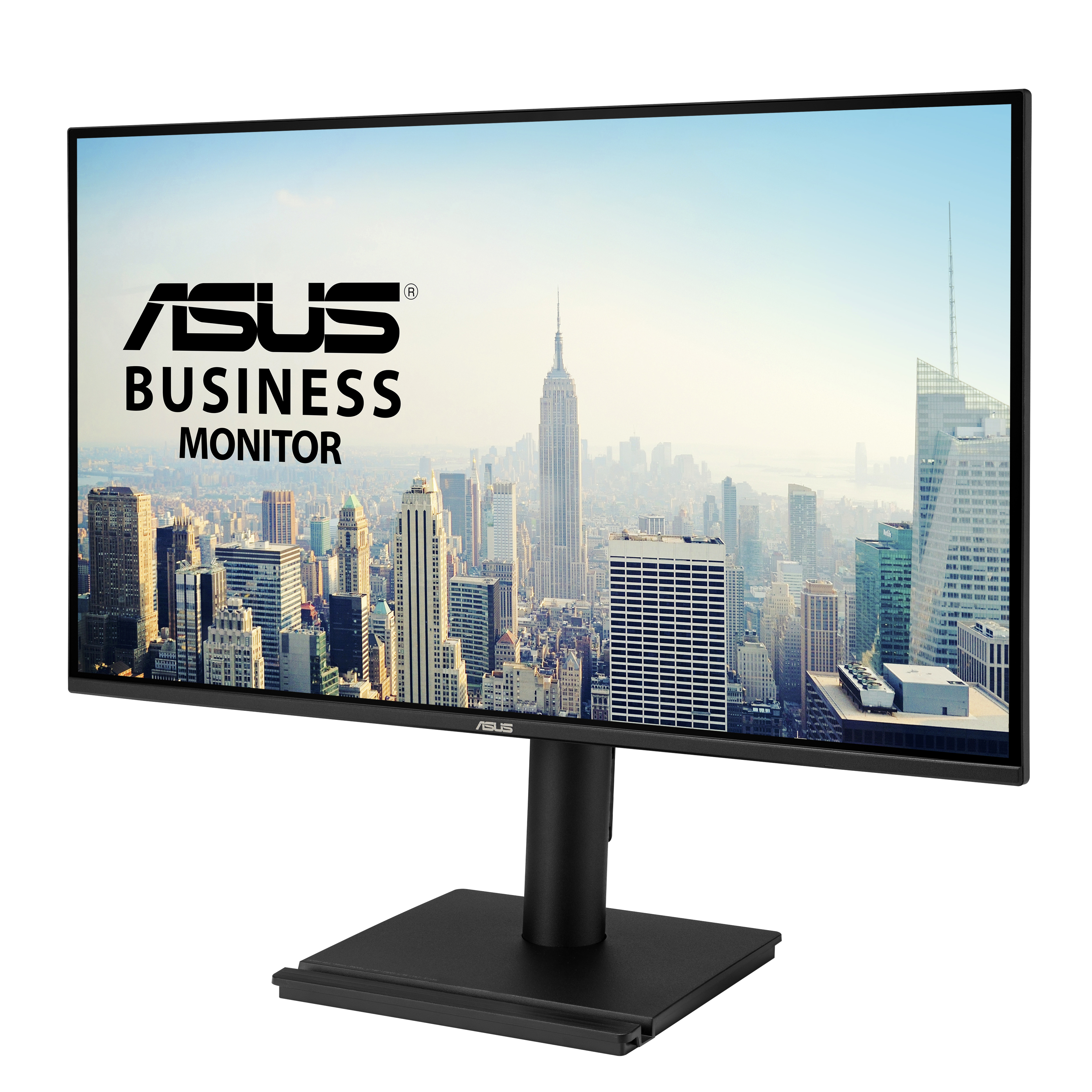 Monitor biznesowy ASUS wyświetla krajobraz miejski. Ekran pokazuje budynki pod czystym niebem, z logo ASUS.
