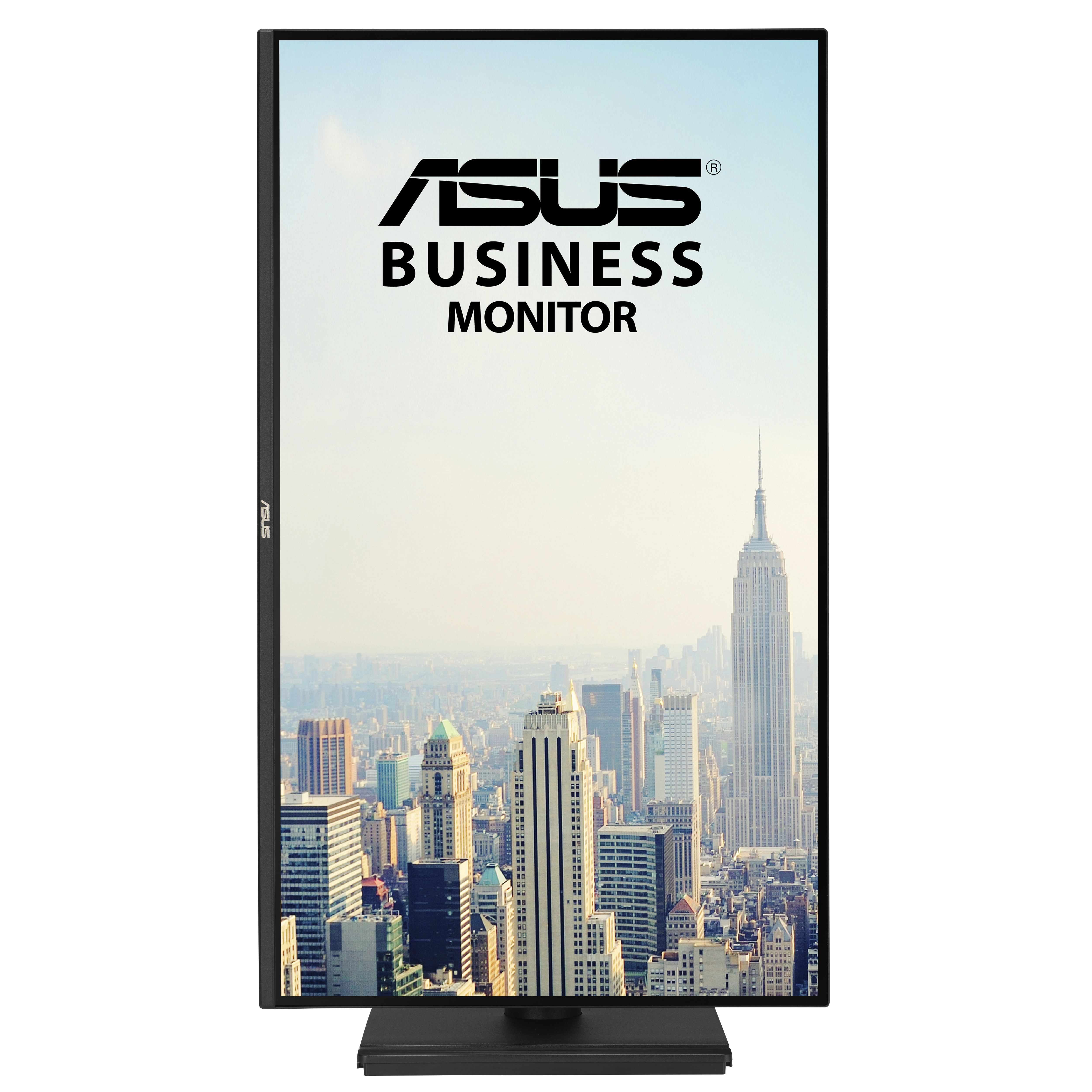 Monitor biznesowy ASUS z tłem panoramy miasta. Monitor wyświetla logo ASUS i budynki miejskie.