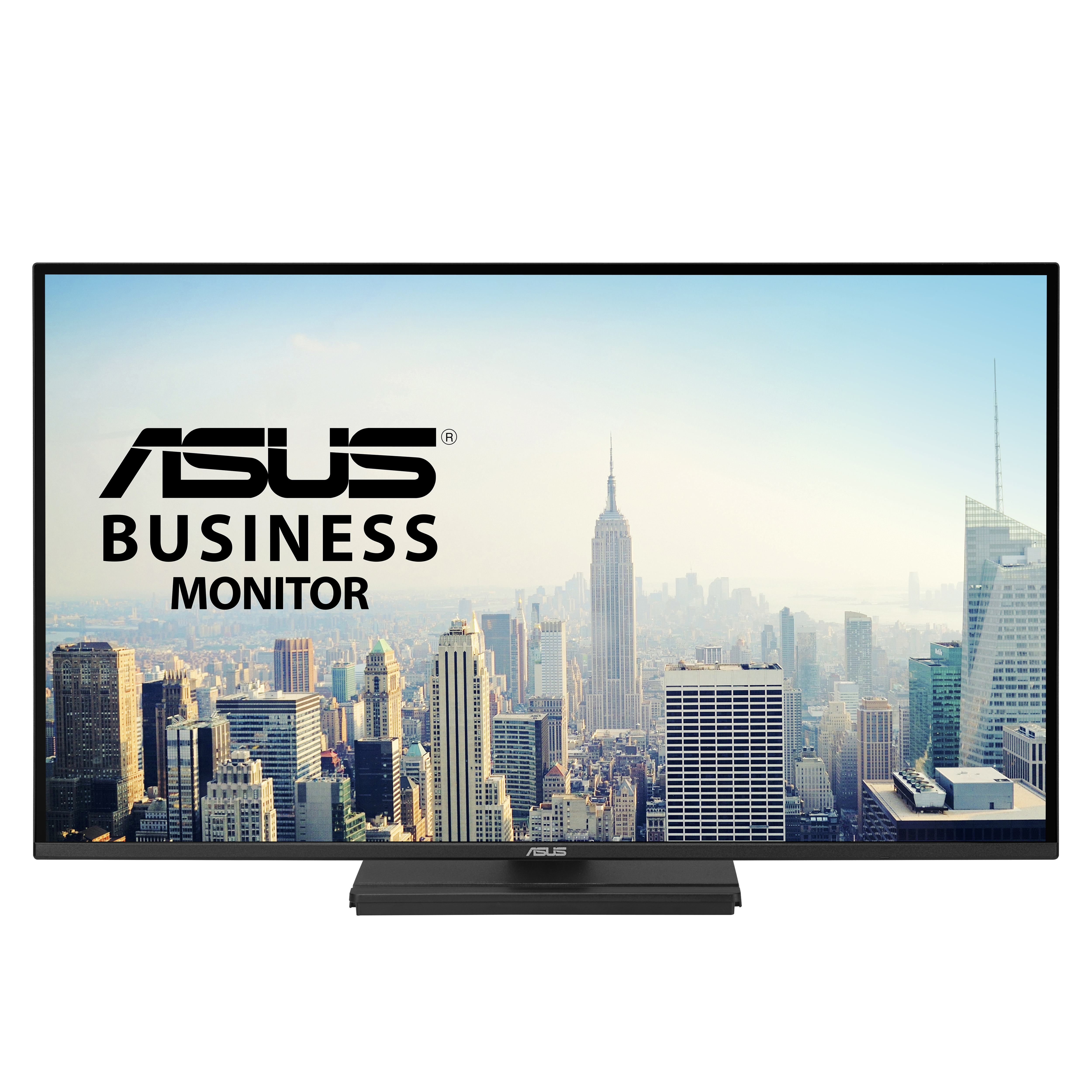 Monitor ASUS Business wyświetla panoramę miasta. Ekran pokazuje logo ASUS i napisy BUSINESS MONITOR.