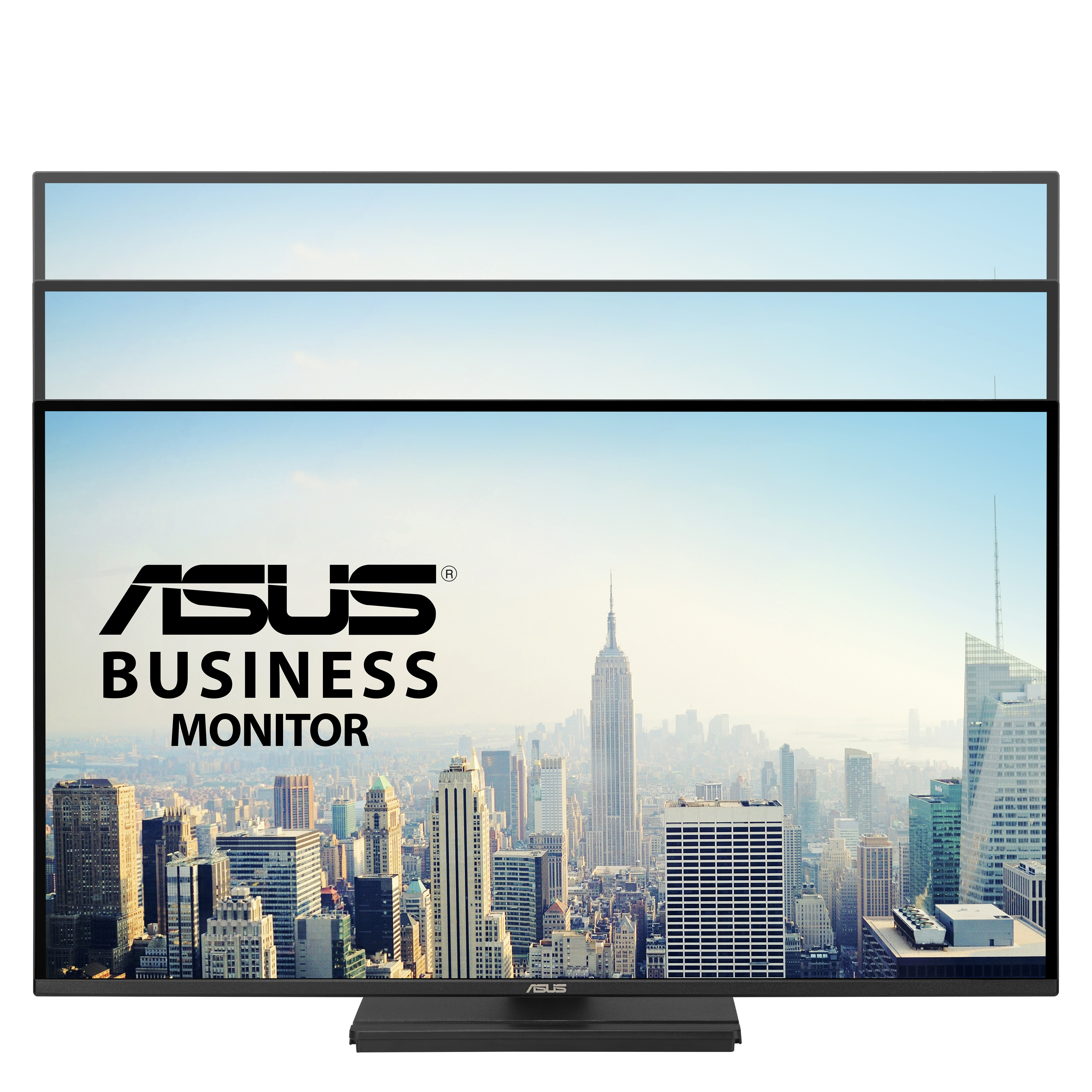 Monitor ASUS Business wyświetla krajobraz miejski z Empire State Building. Monitor jest na białym tle.