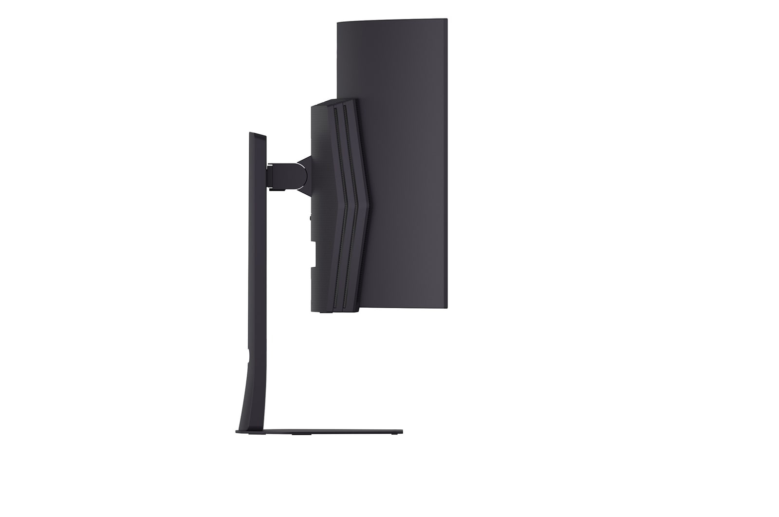 Czarny monitor komputera jest pokazany z boku, zamontowany na stojaku. Ekran jest ciemny, a tło białe.