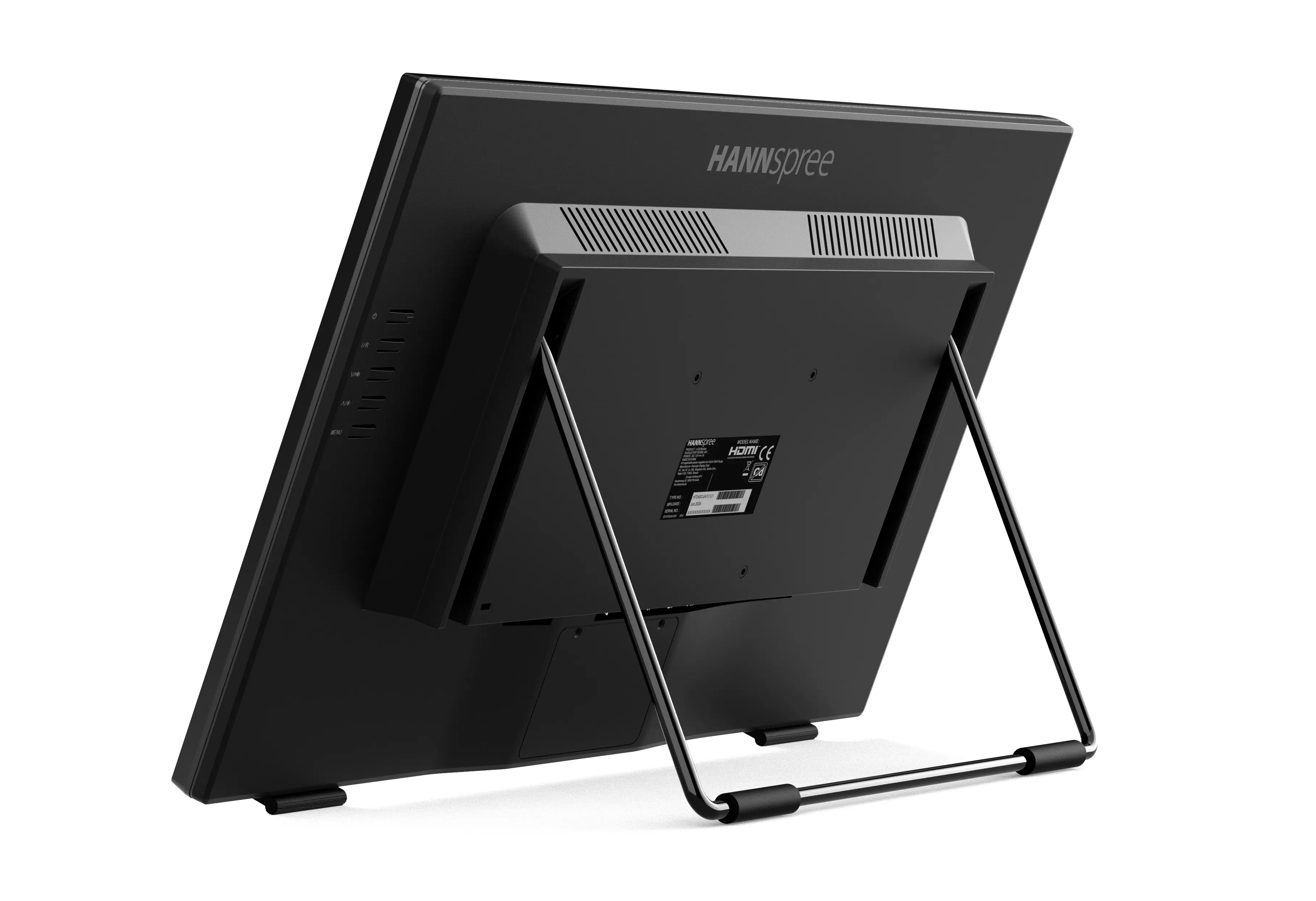 Czarny monitor komputerowy ze stojakiem. Widoczny tył monitora z nazwą marki i portami.