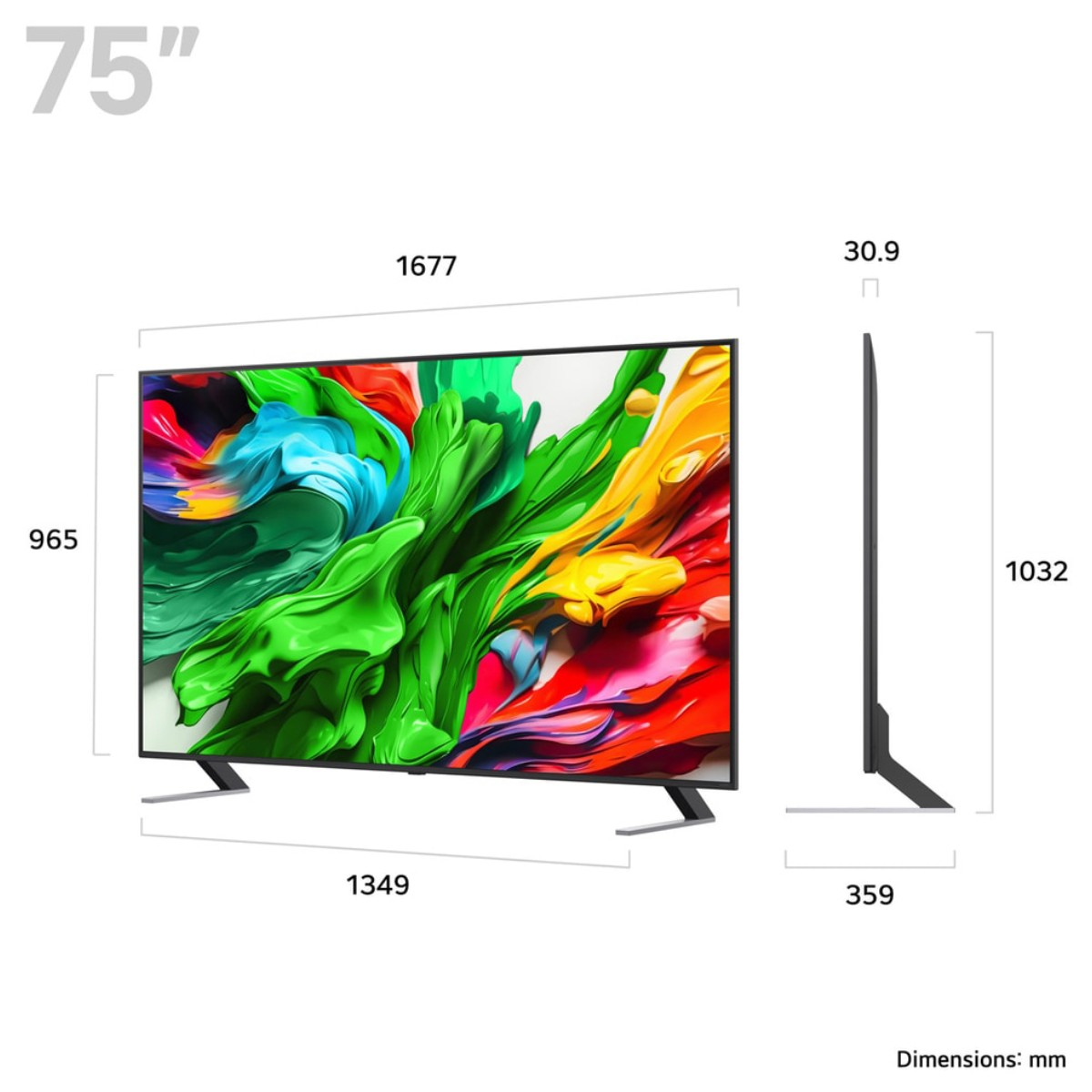 Telewizor 75-calowy z kolorową grafiką ekranową jest pokazany z wymiarami. Telewizor jest czarny, a ekran wyświetla abstrakcyjne, żywe kształty.