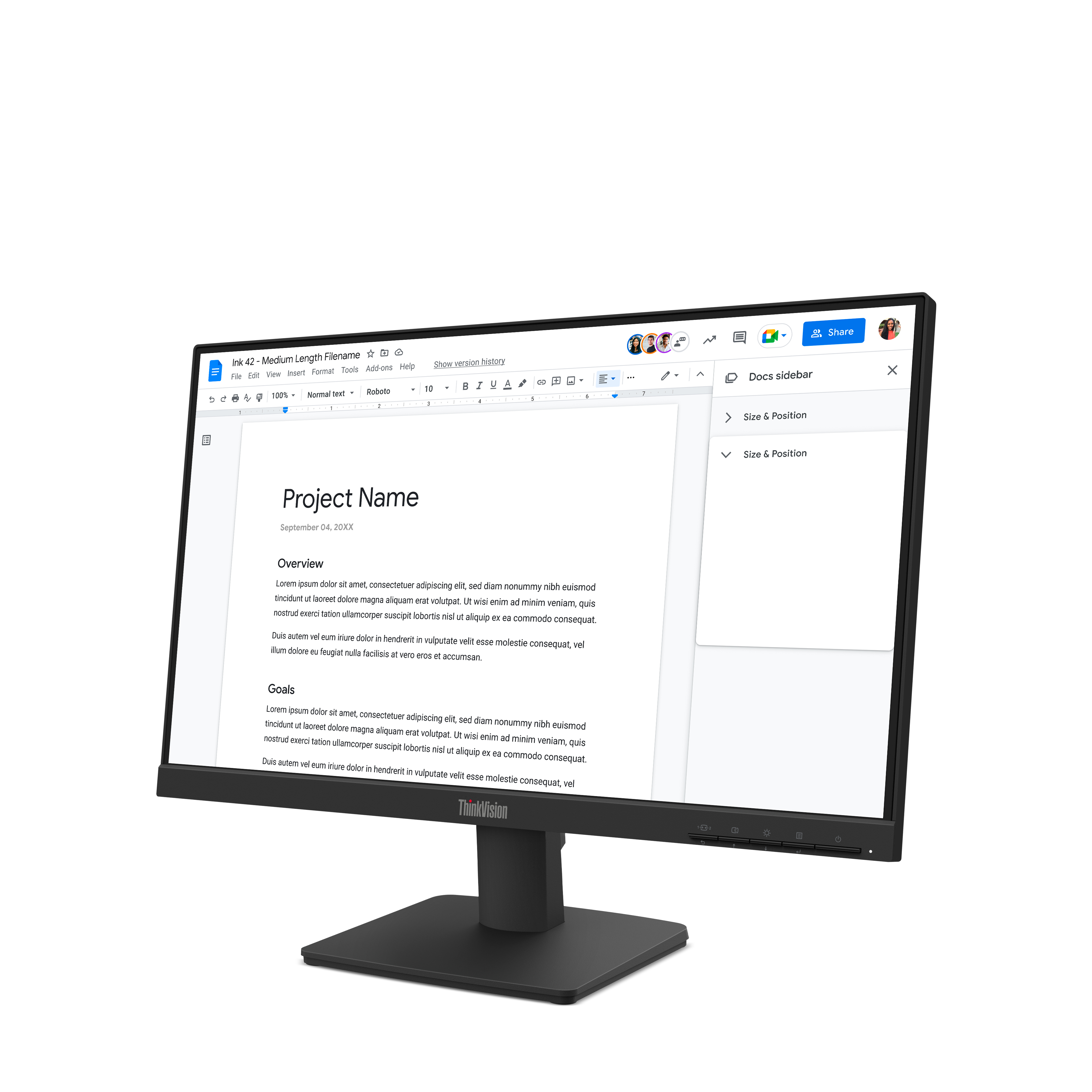 Monitor komputera wyświetla dokument w Google Docs, z tekstem i paskiem bocznym.