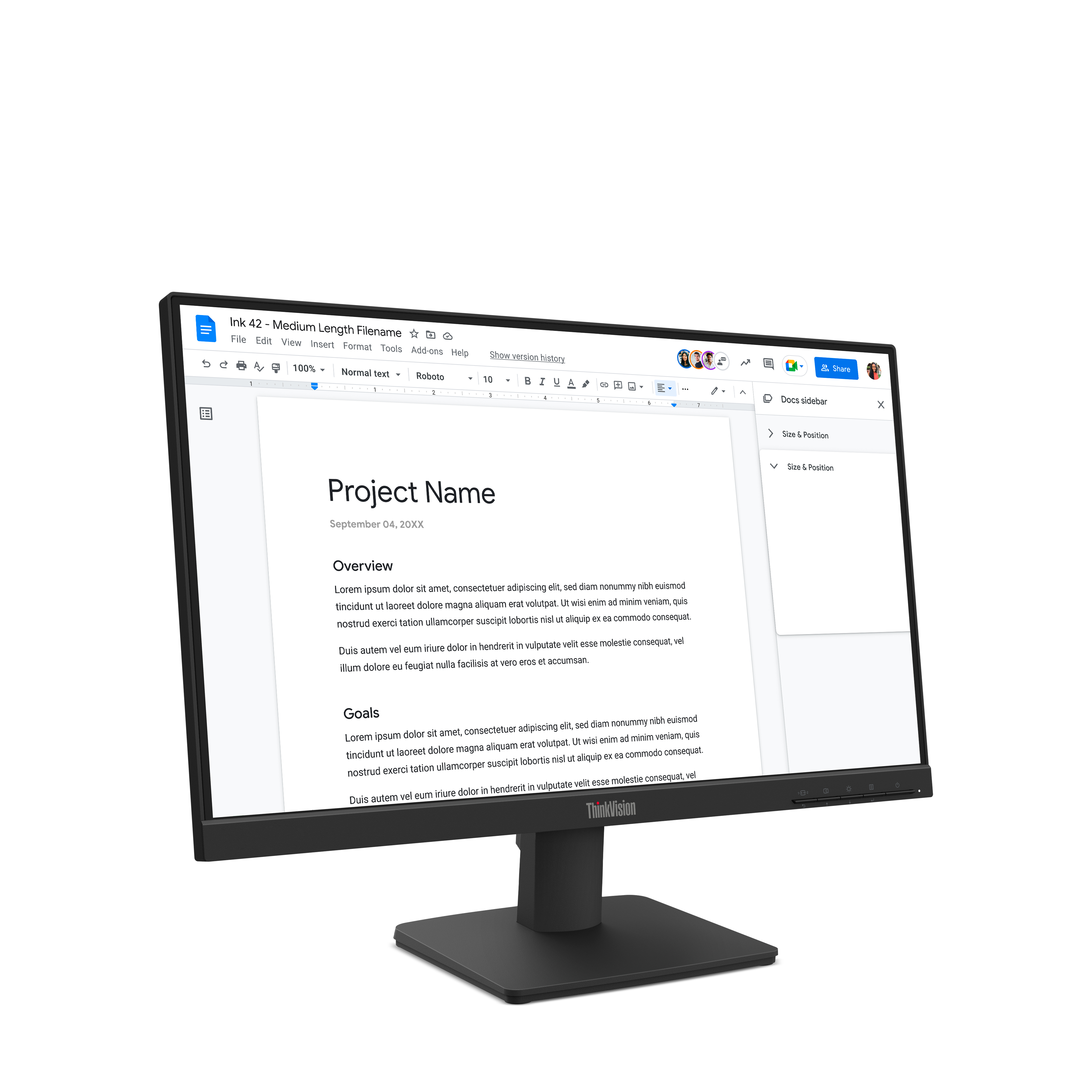 Monitor wyświetla dokument zatytułowany 'Project Name'. Ekran pokazuje tekst z opcjami edycji. Widoczne logo ThinkVision.