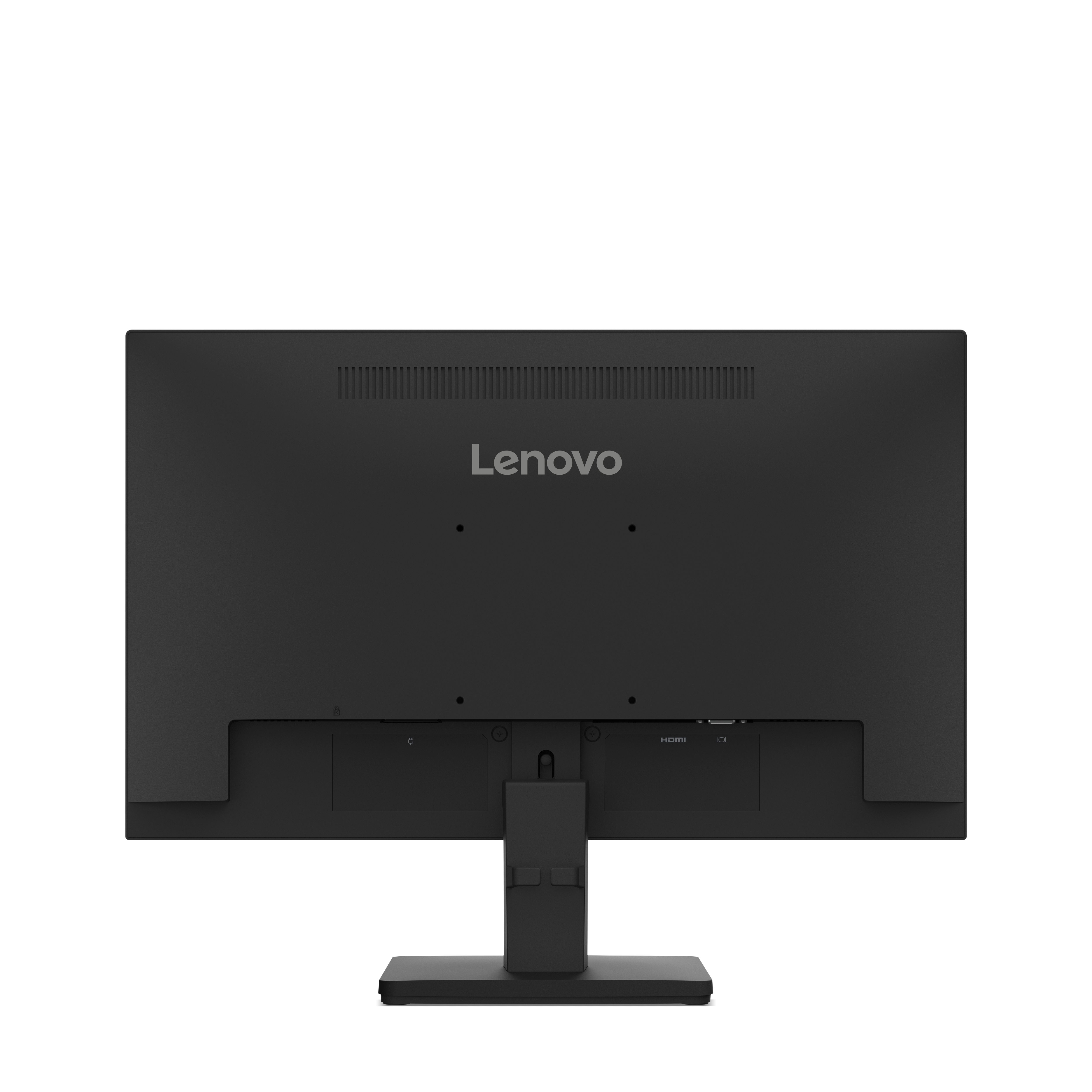 Tył czarnego monitora Lenovo ze stojakiem. Widoczne logo Lenovo. Porty i połączenia stojaka na dole.