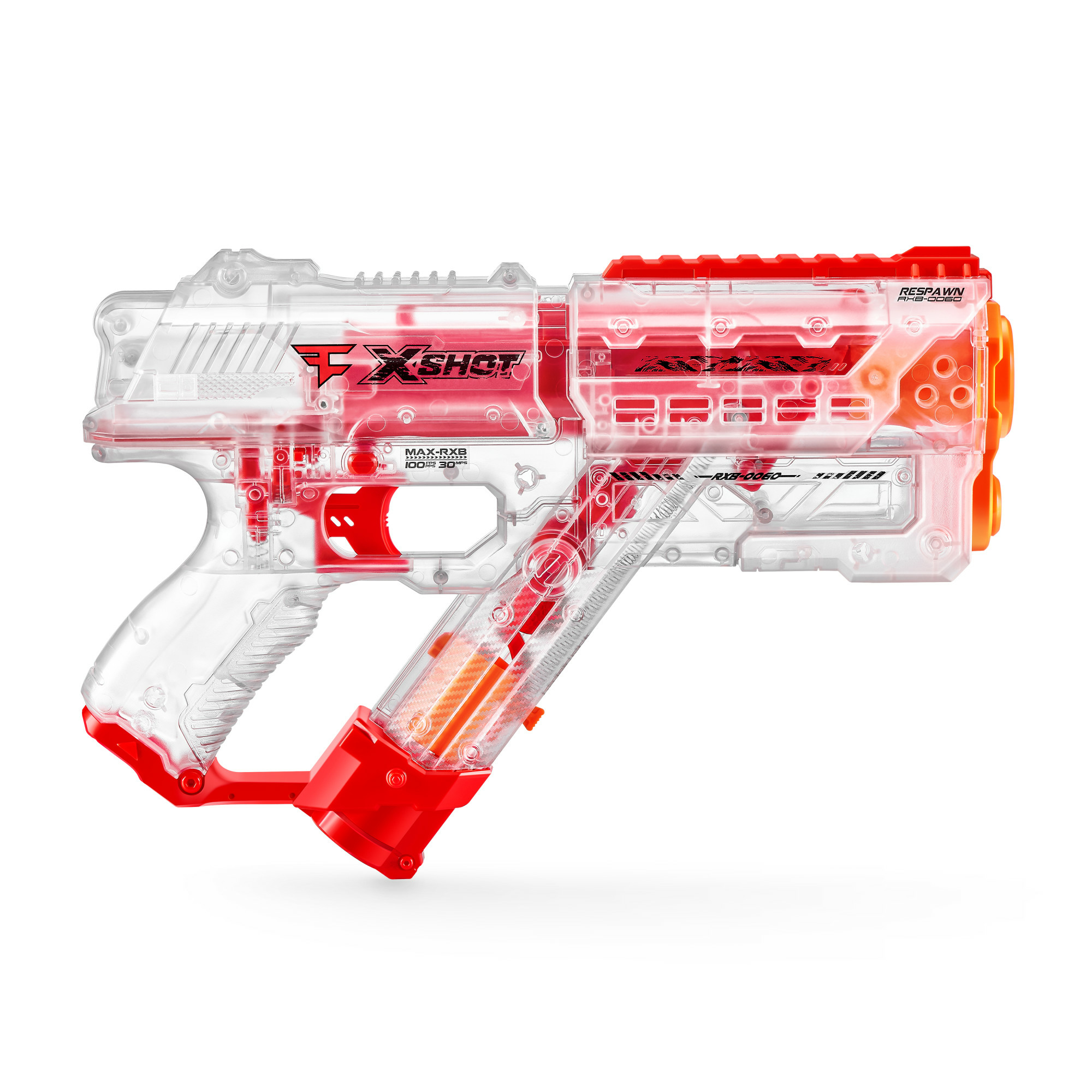 Una pistola de juguete X-Shot Respawn clara y roja. Tiene detalles naranjas y un cargador con dardos.