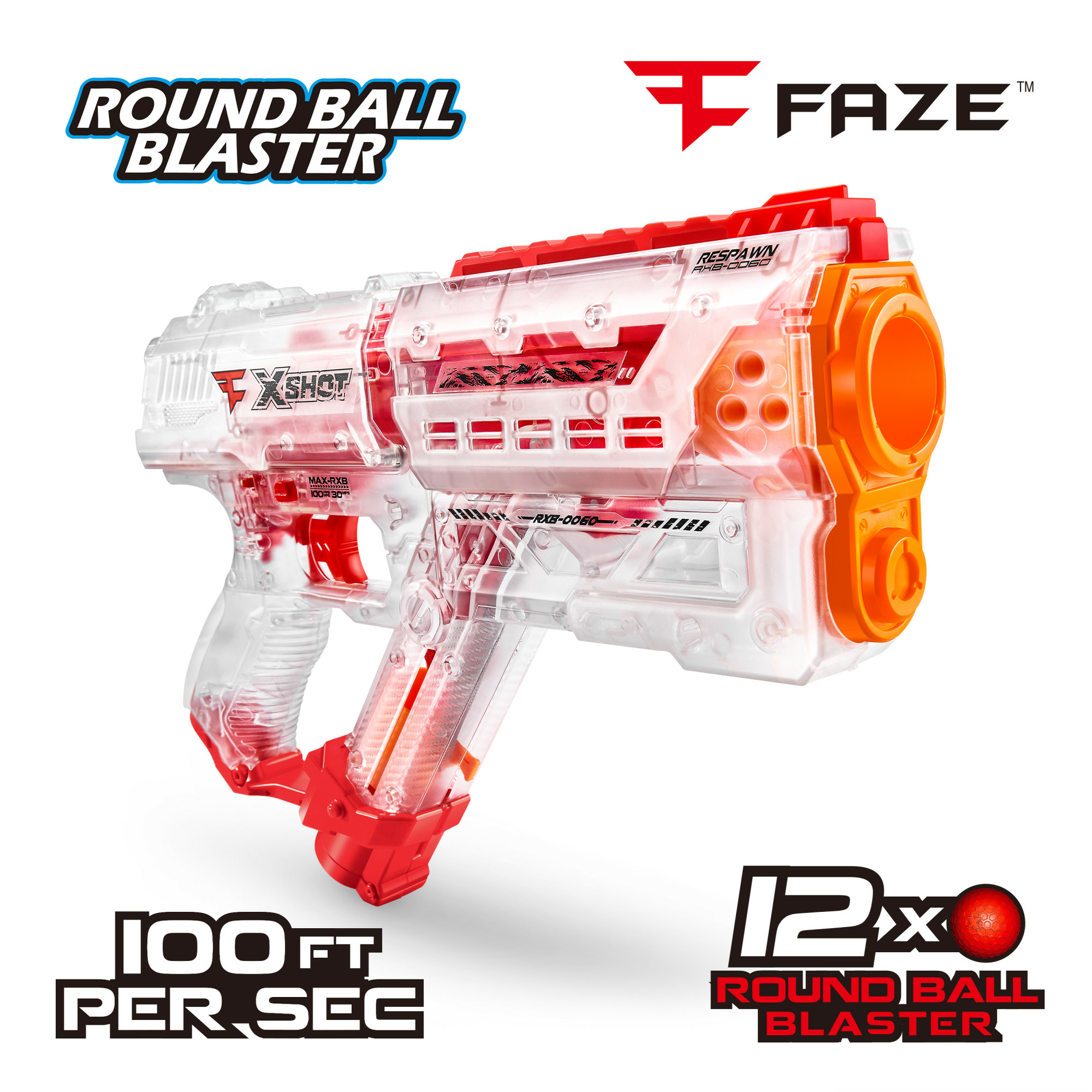 Una pistola de juguete transparente, roja y naranja con la etiqueta "Round Ball Blaster" y los logotipos "XSHOT" y "FAZE".