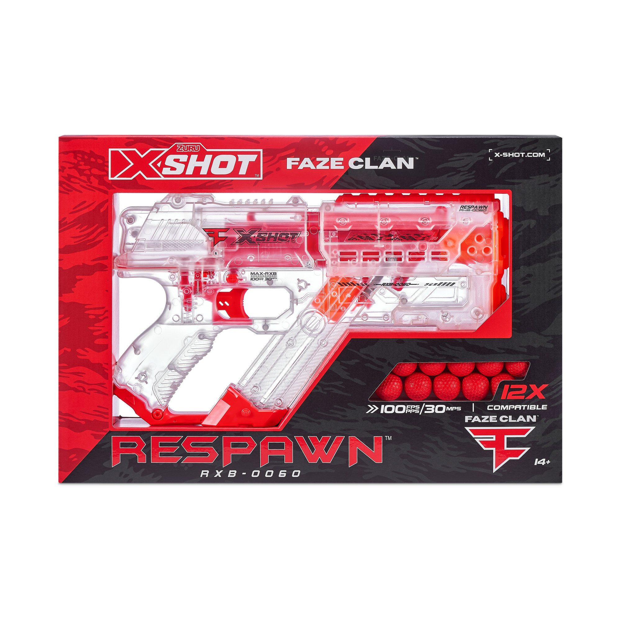 Pistola de juguete XSHOT Respawn en una caja roja y negra. La pistola es transparente y roja. Bolas rojas abajo.