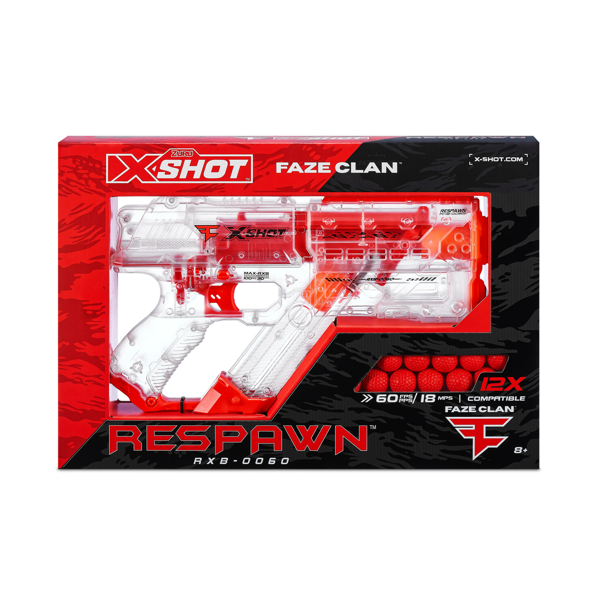 Una pistola de juguete en una caja. Es transparente y roja, con las palabras XSHOT, FAZE CLAN y RESPAWN.