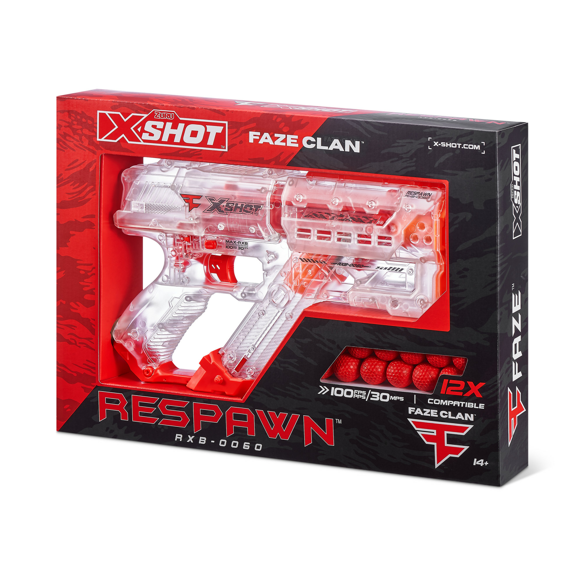 Una pistola de juguete en una caja. La caja es roja y negra con las palabras X-Shot, Faze Clan y Respawn.