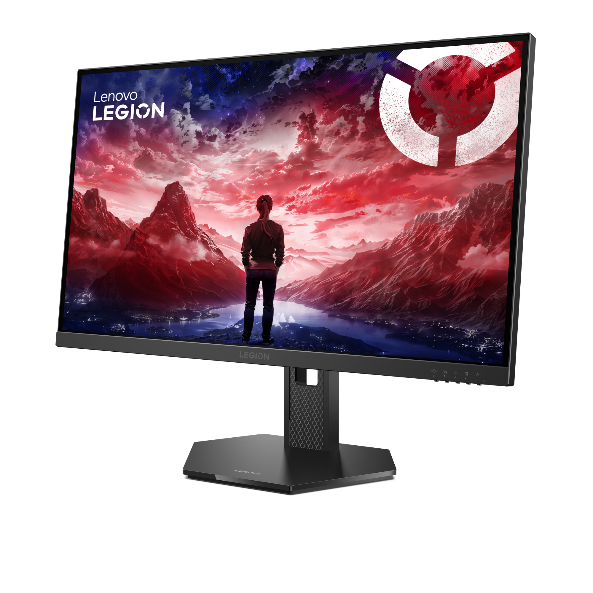 Monitor Lenovo Legion wyświetla krajobraz z postacią. Znajduje się na czarnym stojaku na białym tle.