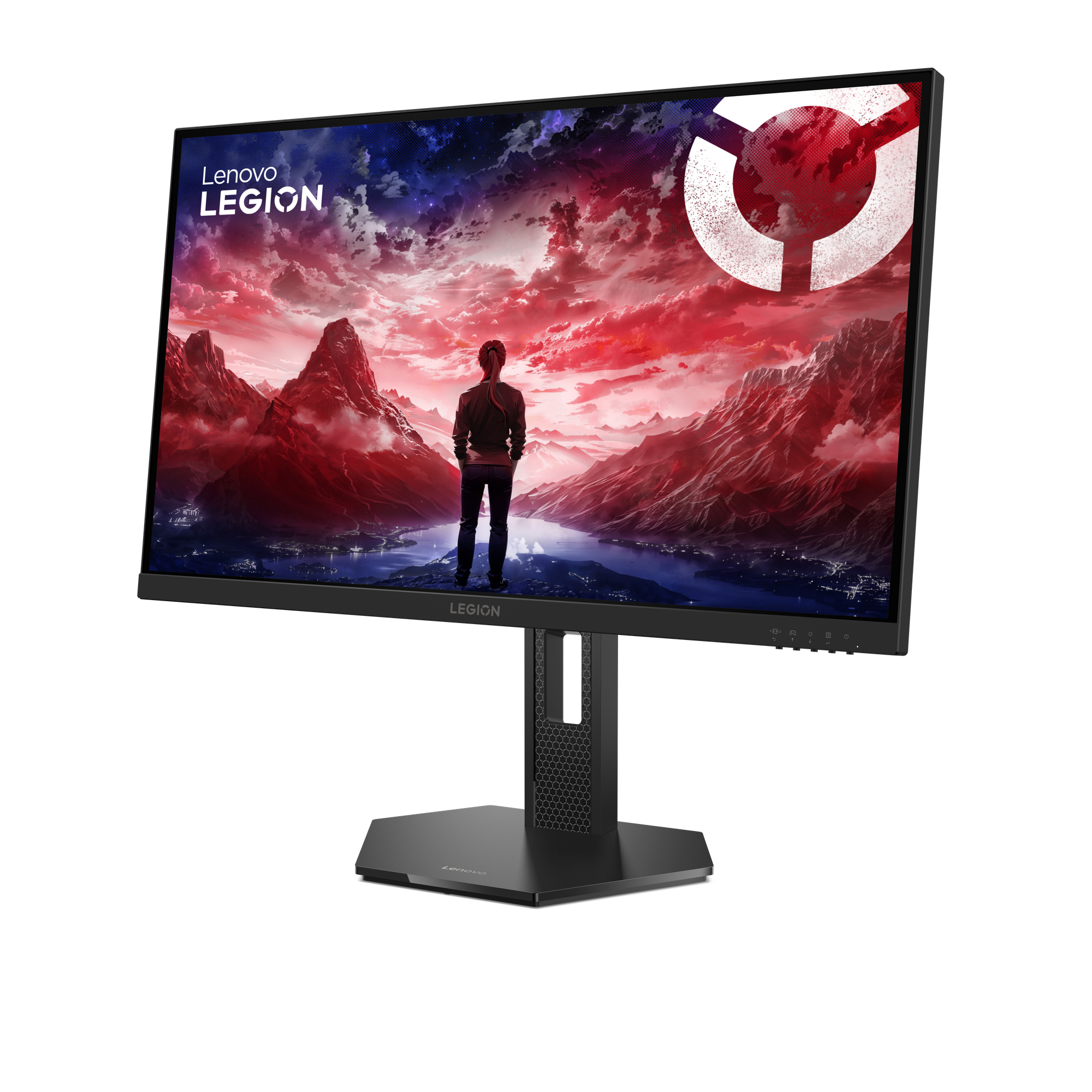 Monitor Lenovo Legion. Ekran wyświetla osobę patrzącą na czerwono-niebieski krajobraz. Podstawa jest czarna.