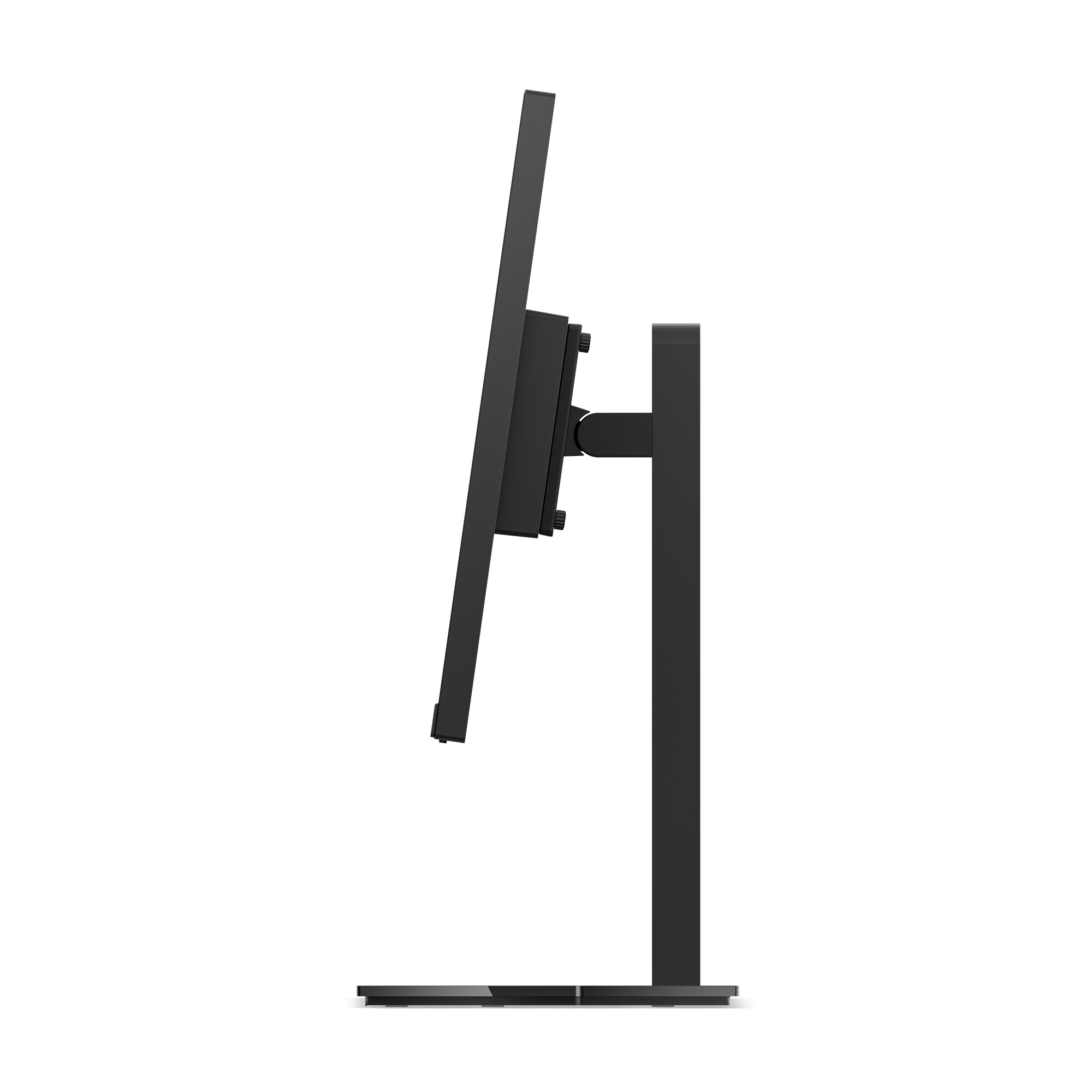 Widok z boku czarnego monitora komputera. Jest zamontowany na czarnym stojaku. Tło jest białe.