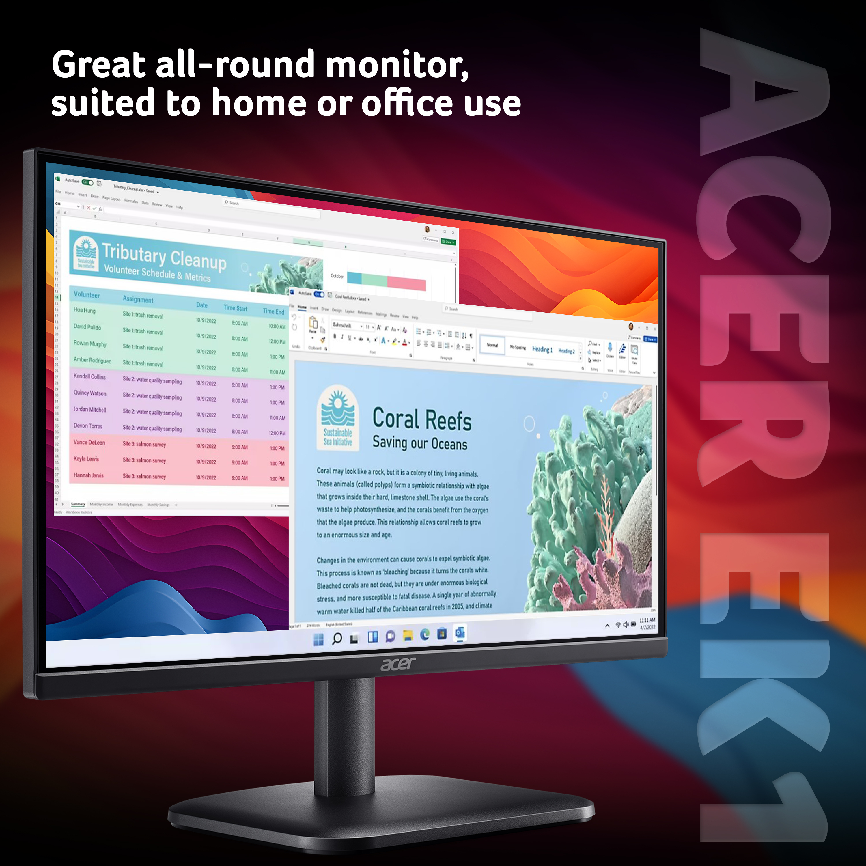 Un monitor mostra un foglio di calcolo e un documento sulle barriere coralline. Il monitor ha il marchio Acer.