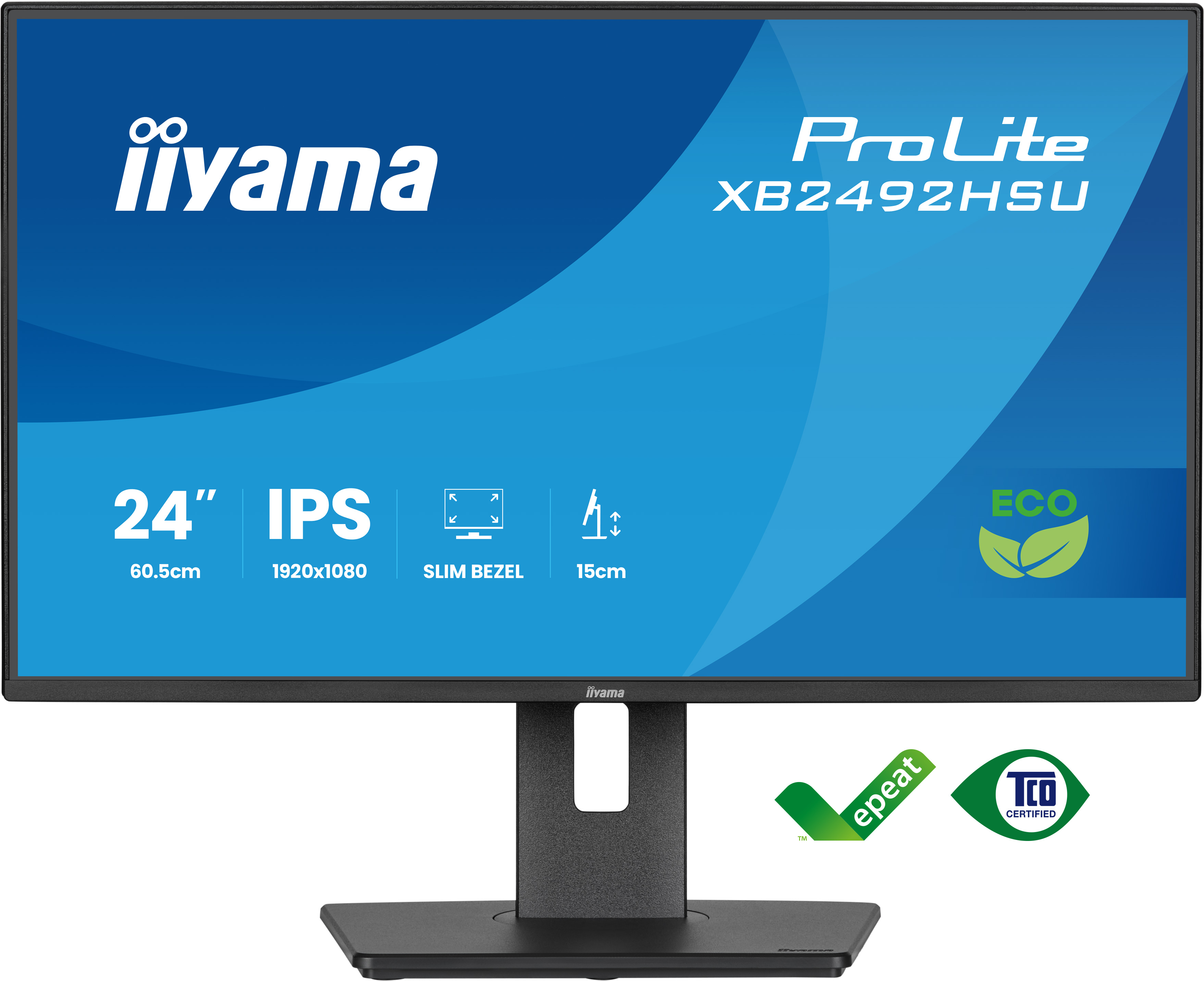 Monitor komputerowy marki Iiyama, model ProLite XB2492HSU. Ma czarną podstawę i niebieskie tło.