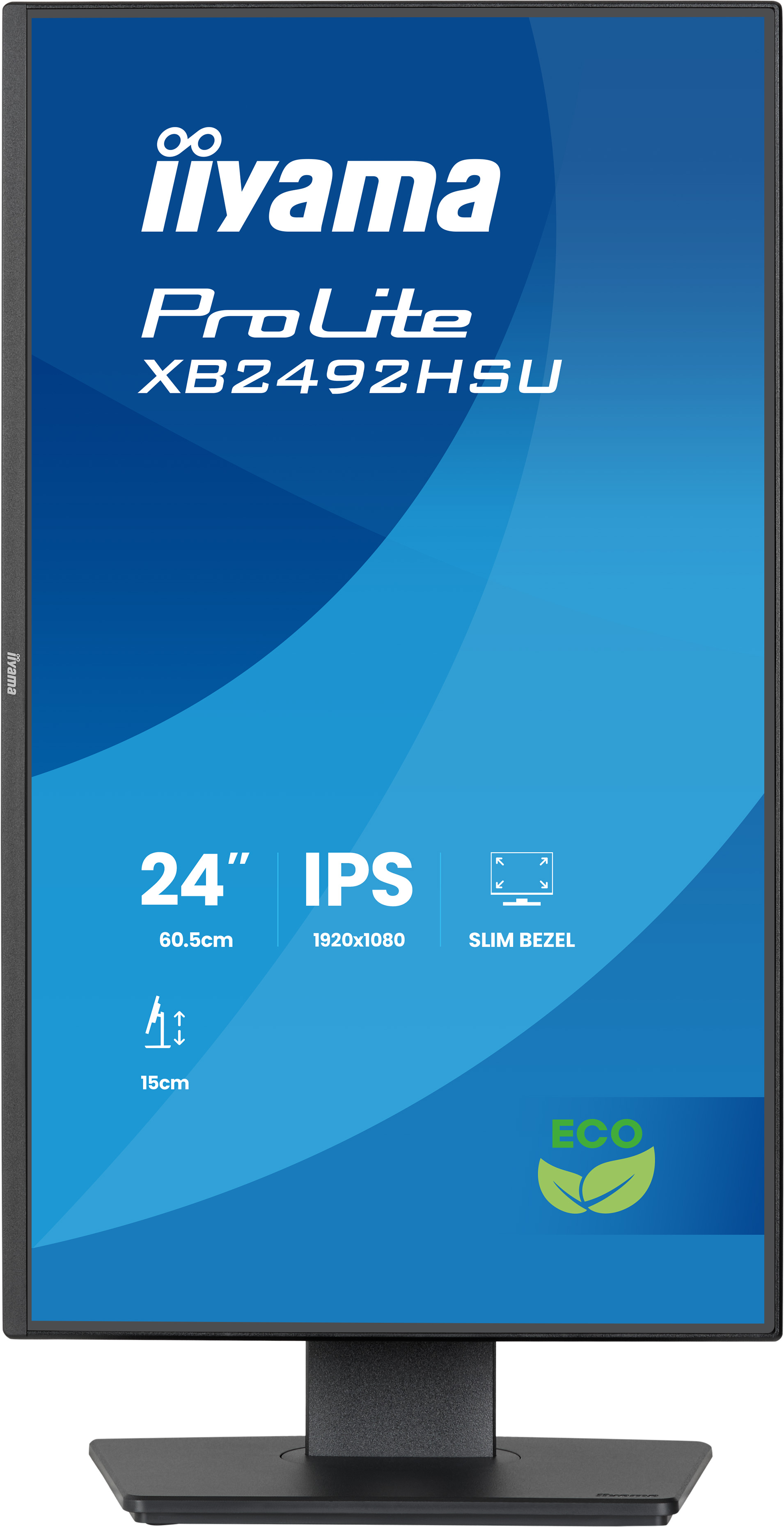 Monitor Iiyama ProLite XB2492HSU. Cechy: 24-calowy wyświetlacz, IPS, wąska ramka i etykieta ECO. Niebieskie gradientowe tło.