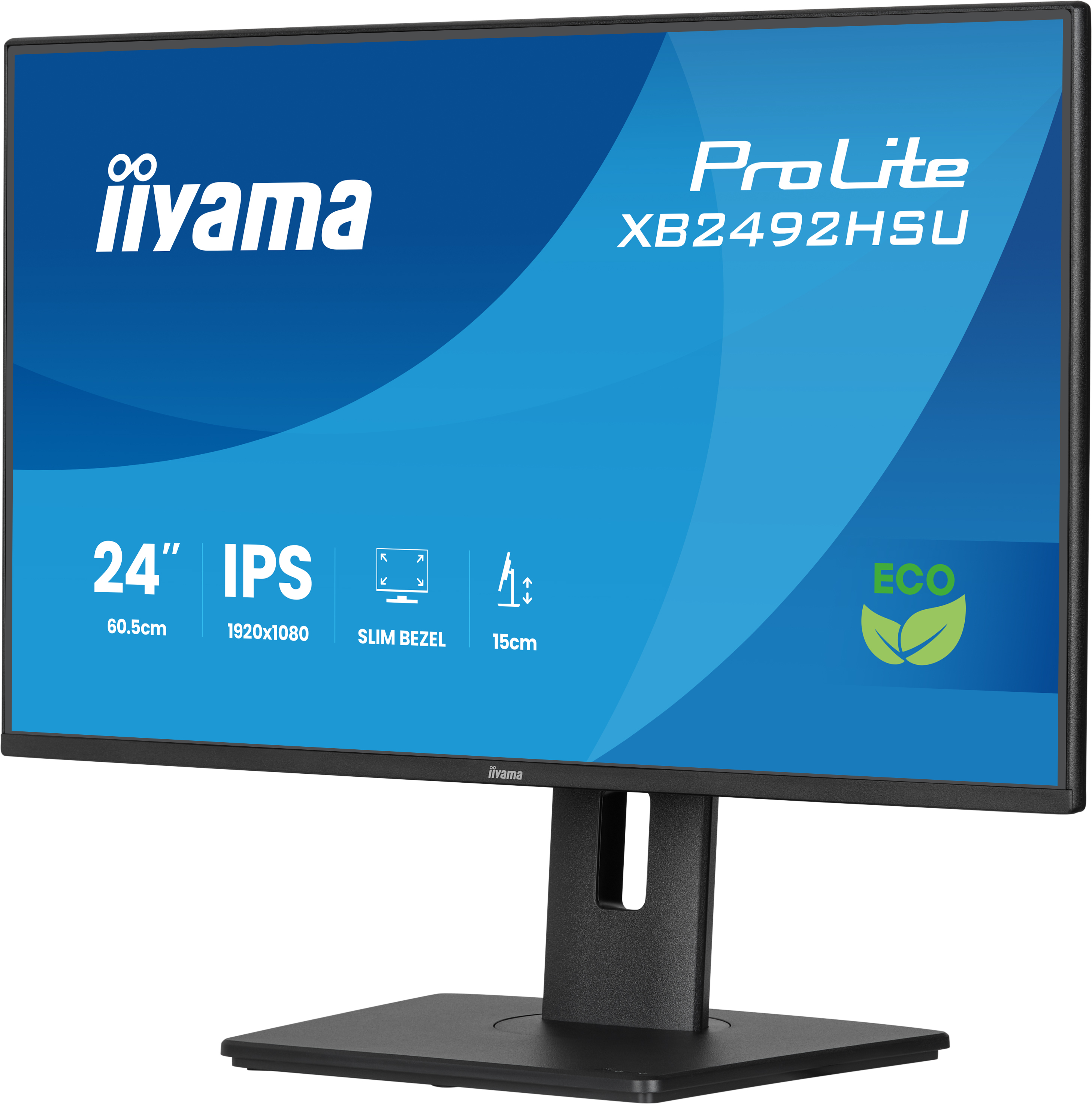 Monitor Iiyama ProLite. Niebieski ekran, biały tekst. Czarny stojak. Wyświetlanie szczegółów produktu.
