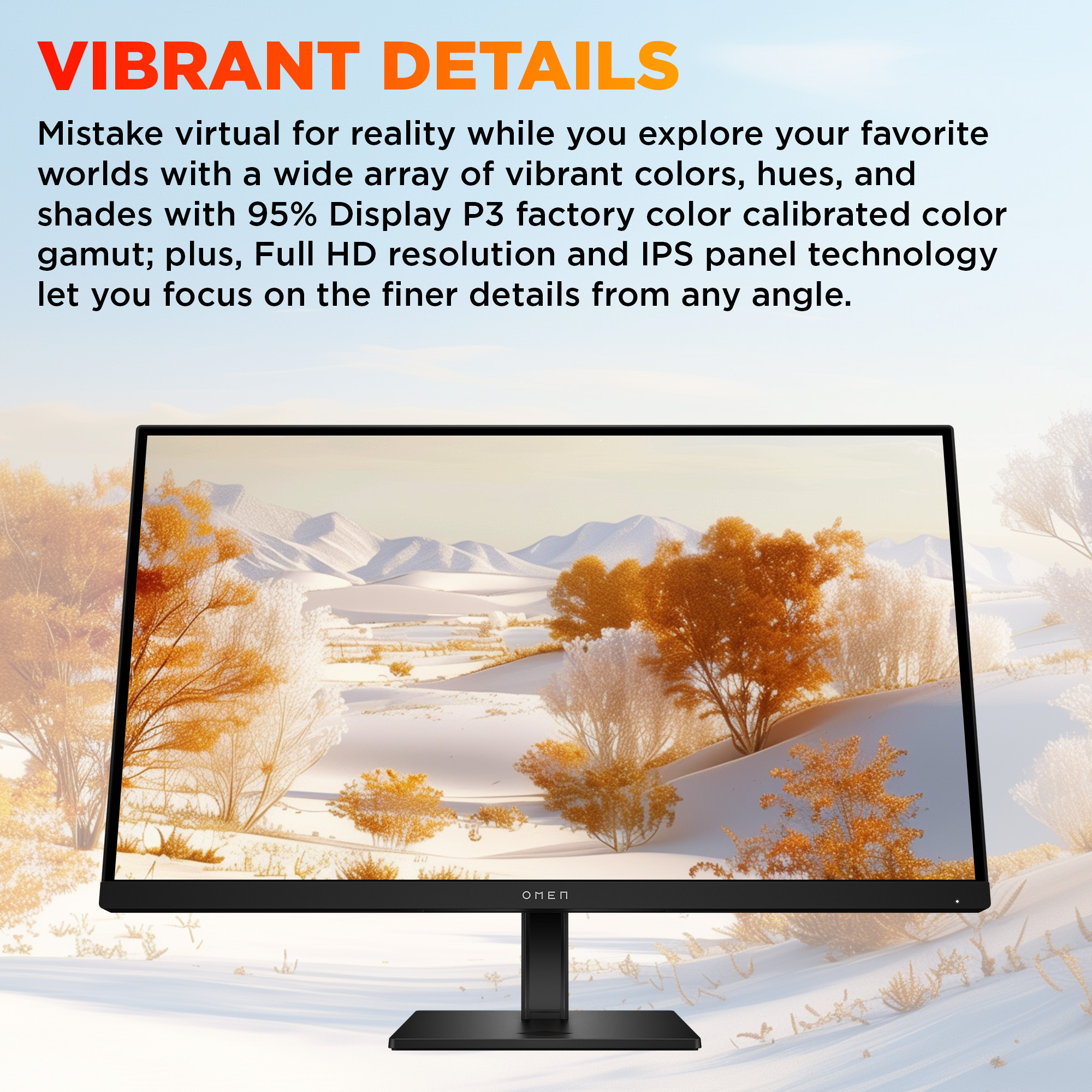 Un monitor muestra un paisaje con árboles y montañas. El texto promociona colores vibrantes y detalles.