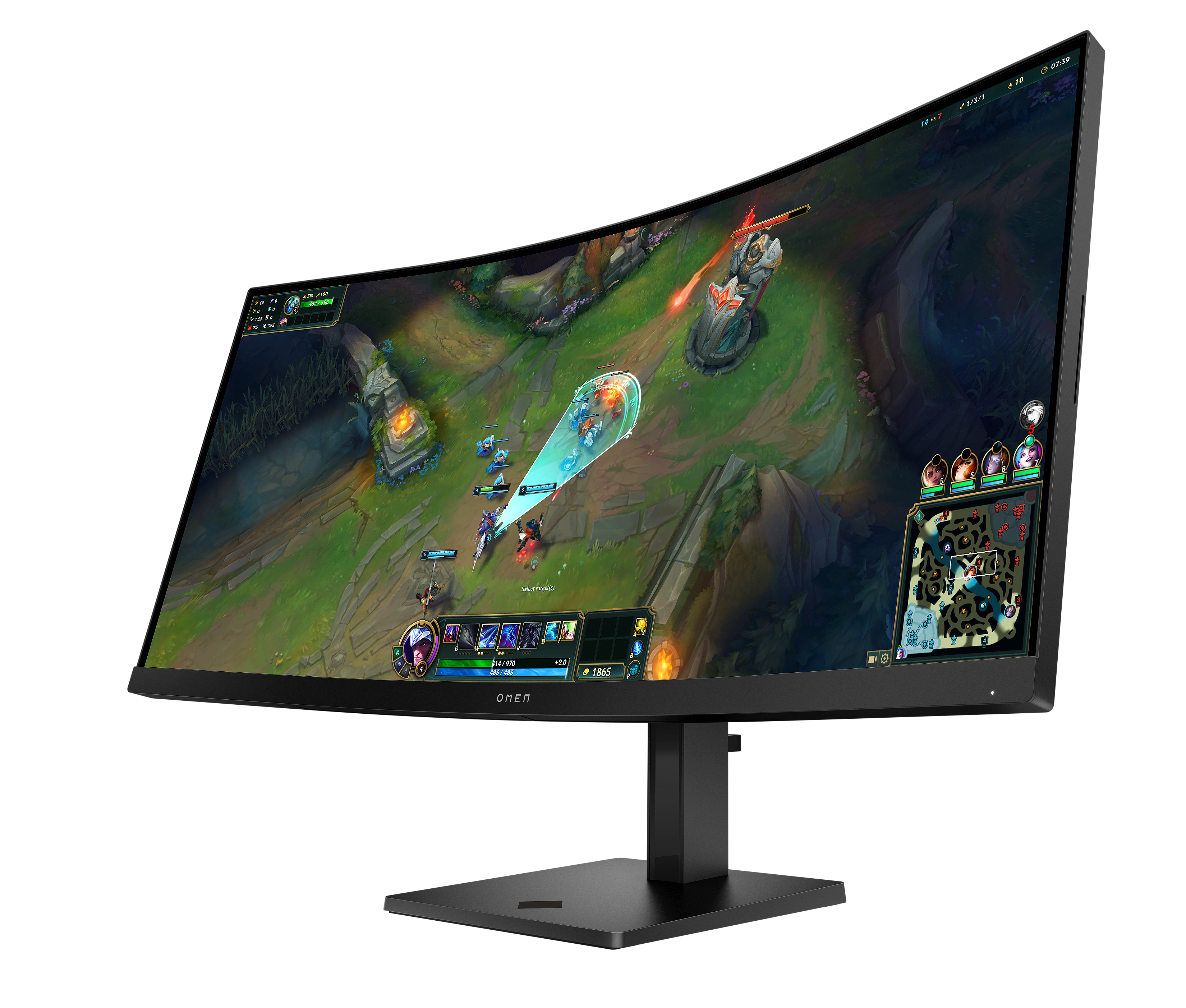 Zakrzywiony monitor OMEN wyświetla grę League of Legends. Monitor jest czarny i ma podstawę. Gra pokazuje postacie i statystyki.