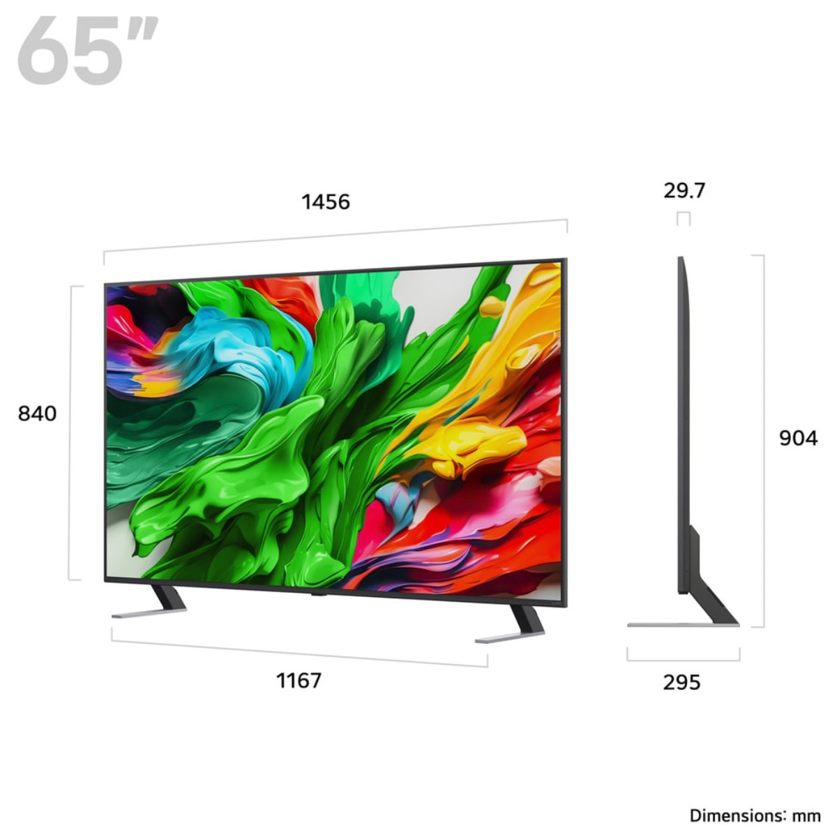 Una TV da 65 pollici con arte astratta colorata. Le dimensioni sono fornite in mm. La TV è nera con gambe argentate.