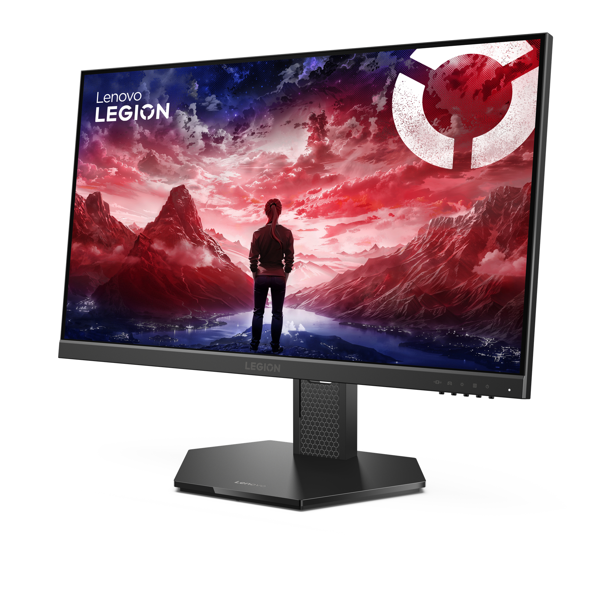 Lenovo Legion monitor displays a landscape with a person. Red mountains, blue sky, and a white logo are visible.