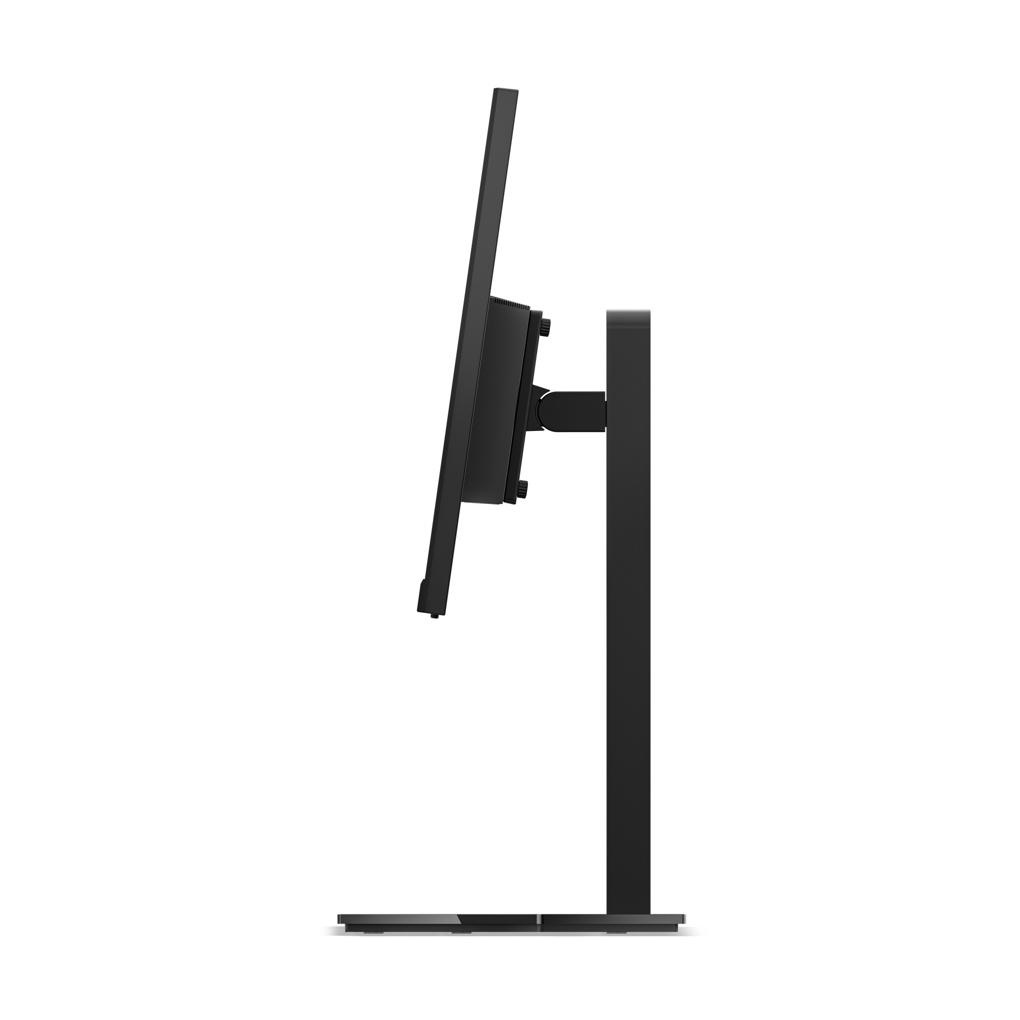 Side view of a black computer monitor on a black stand. The screen is tilted. White background.