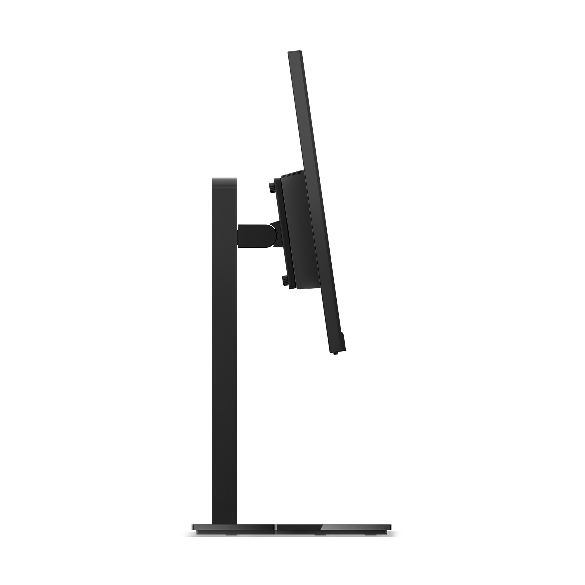 A black computer monitor, side view, on a white background. The monitor is tilted. It stands on a black stand.
