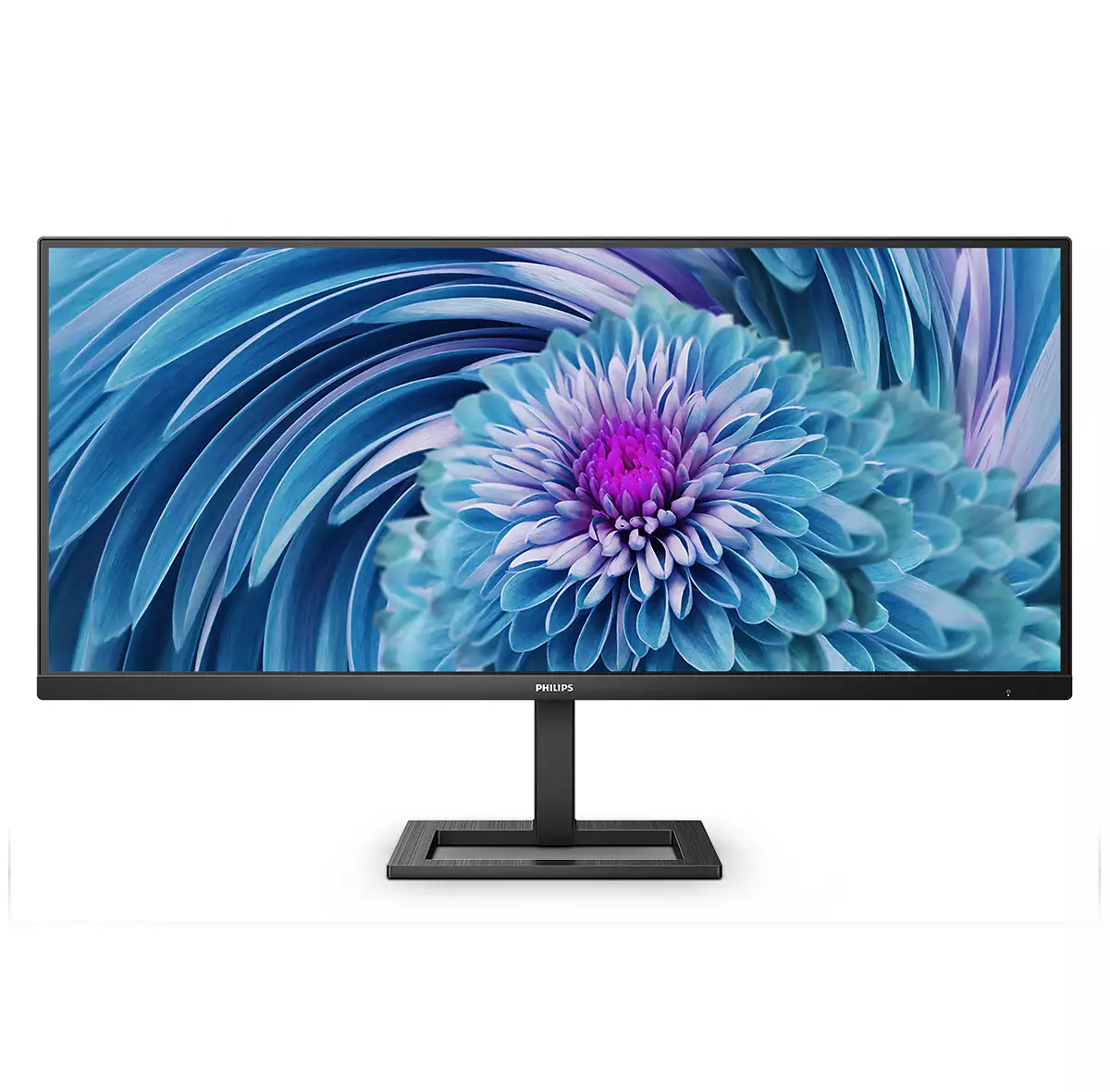 Un monitor muestra una imagen de una flor azul y púrpura. El monitor es negro, con un soporte negro. La marca es Philips.