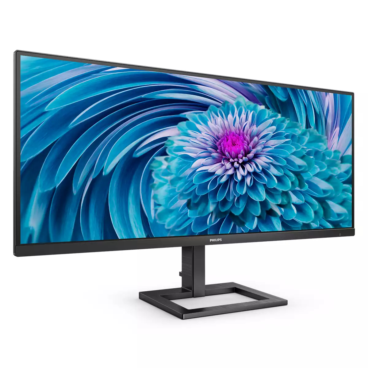 Un monitor Philips muestra una vibrante imagen floral con pétalos azules y un centro púrpura. El monitor es negro, sobre un soporte negro y fondo blanco.