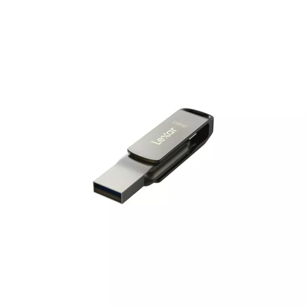 Srebrny pendrive Lexar z czarnym klipsem, leżący na białym tle. Napęd jest pod kątem, widoczne złącze USB.