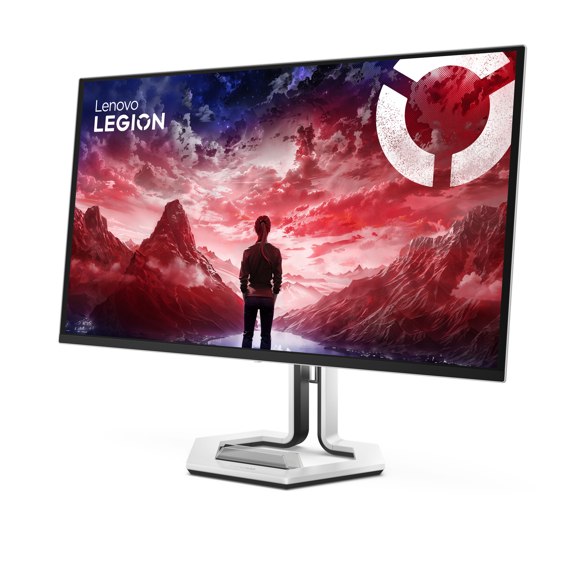 Monitor Lenovo Legion wyświetla osobę patrzącą na czerwone góry. Monitor jest biało-czarny, na białym tle.