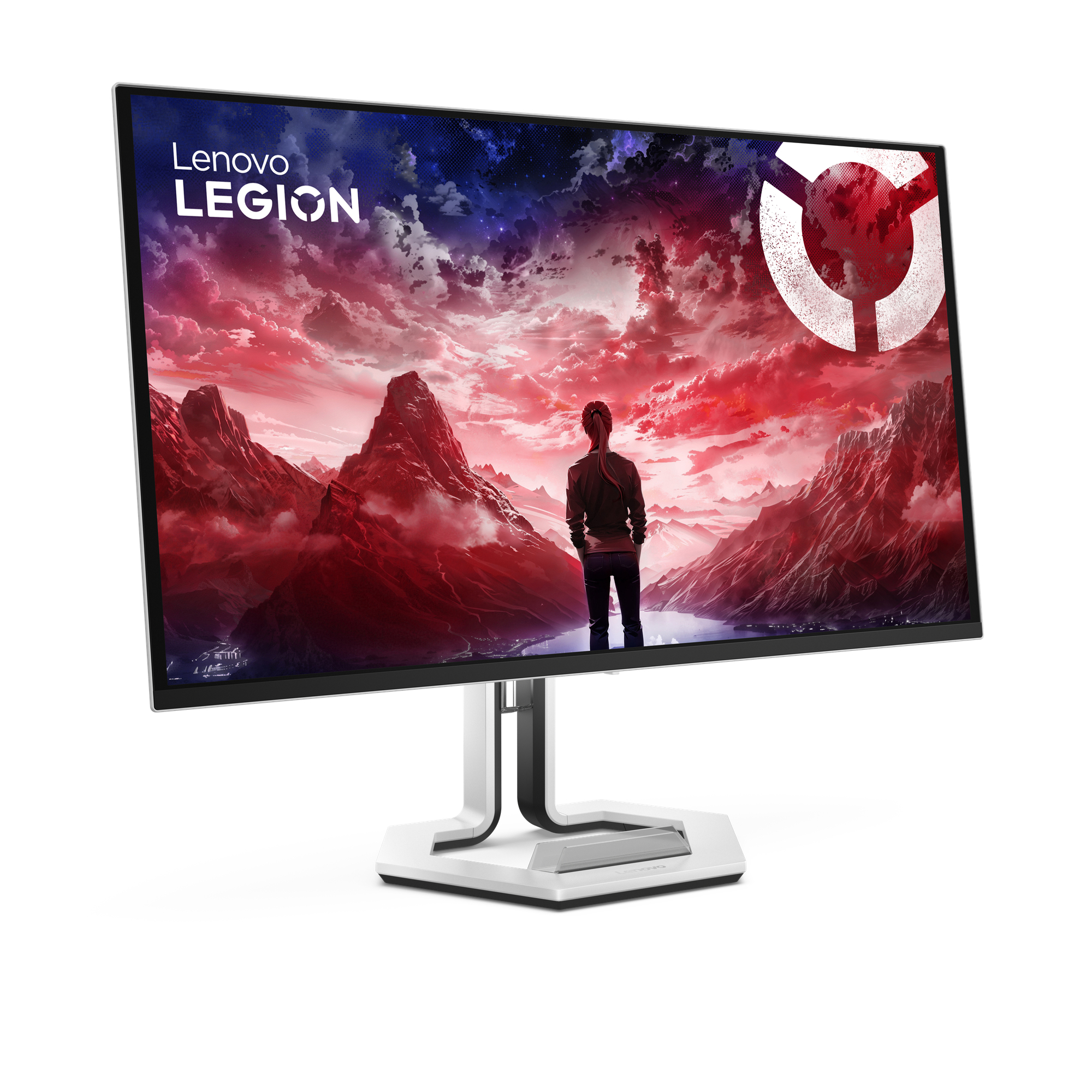 Monitor Lenovo Legion wyświetla osobę patrzącą na czerwony krajobraz górski. Monitor jest biało-czarny.