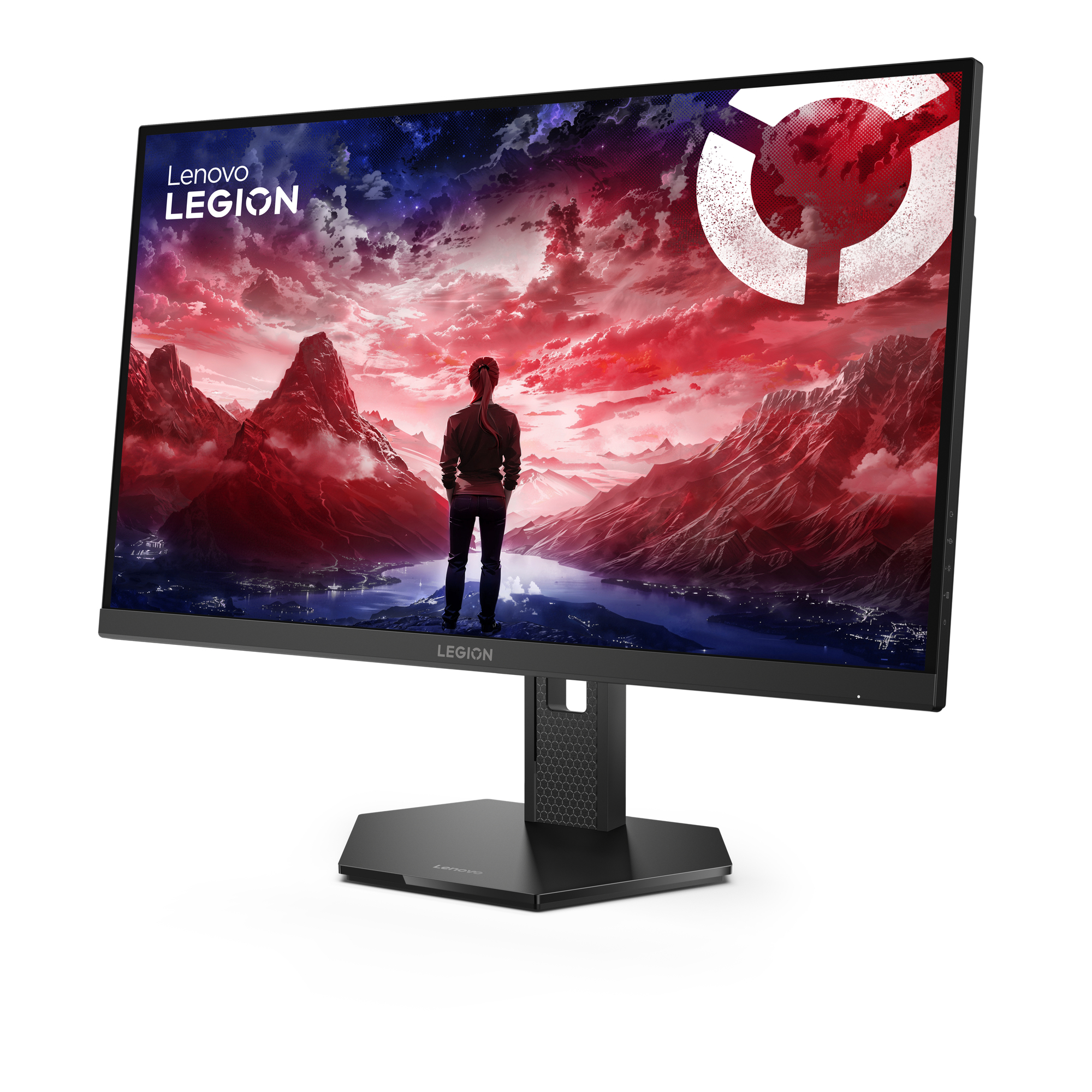 Monitor Lenovo Legion wyświetla krajobraz z postacią, górami i czerwonym niebem. Monitor jest czarny.