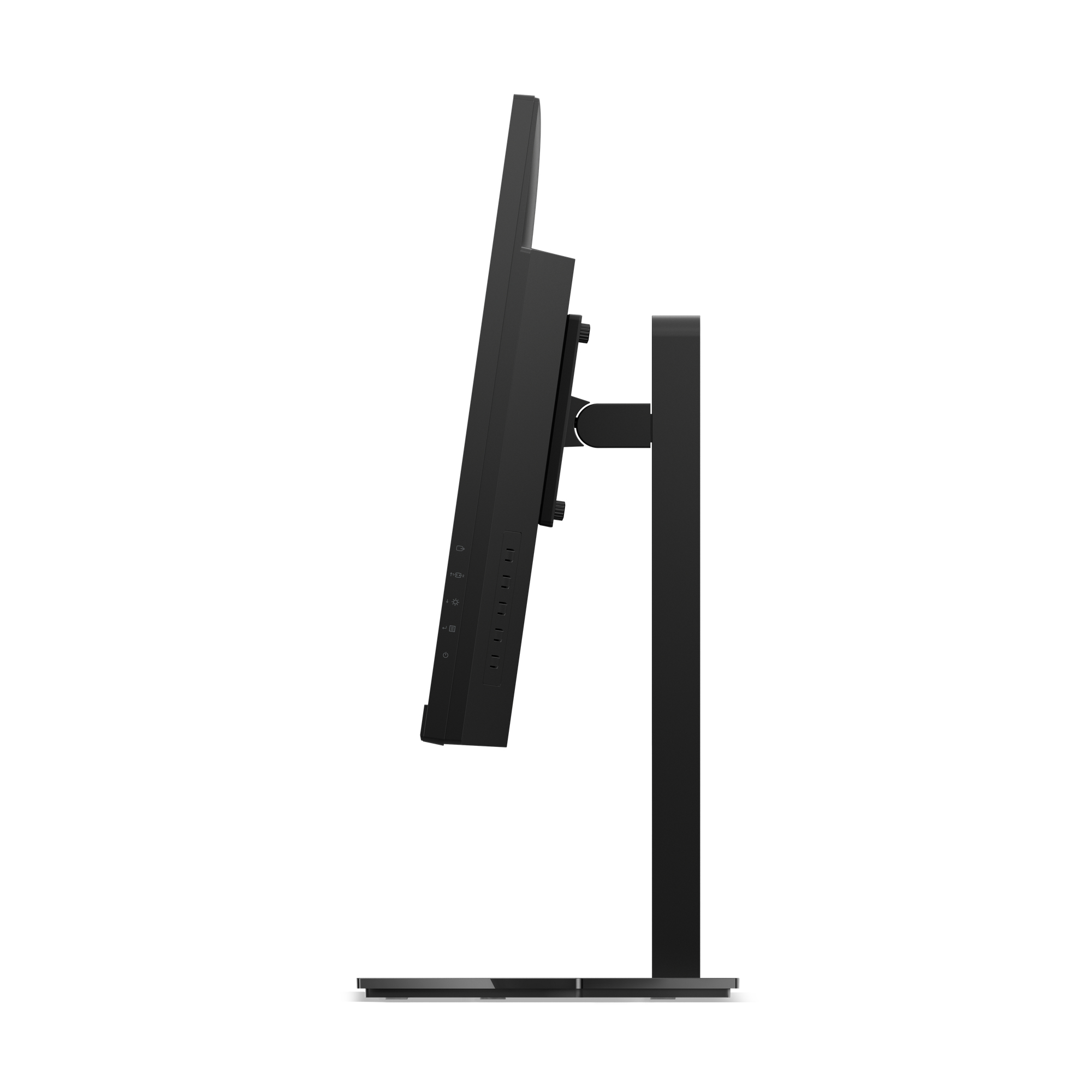 Widok z boku czarnego monitora komputera na stojaku. Ekran jest pochylony, widoczne są przyciski z boku. Białe tło.