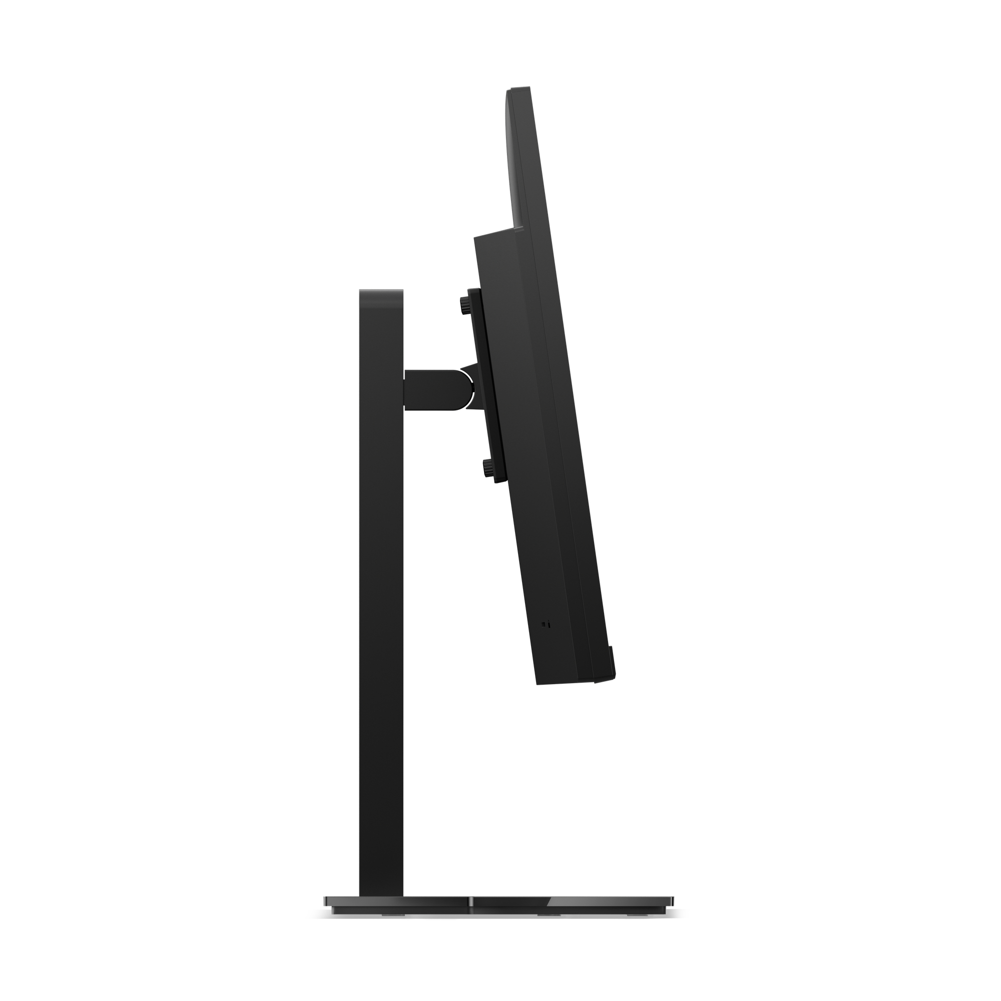 Czarny monitor komputera na białym tle. Monitor jest pochylony i połączony ze stojakiem.