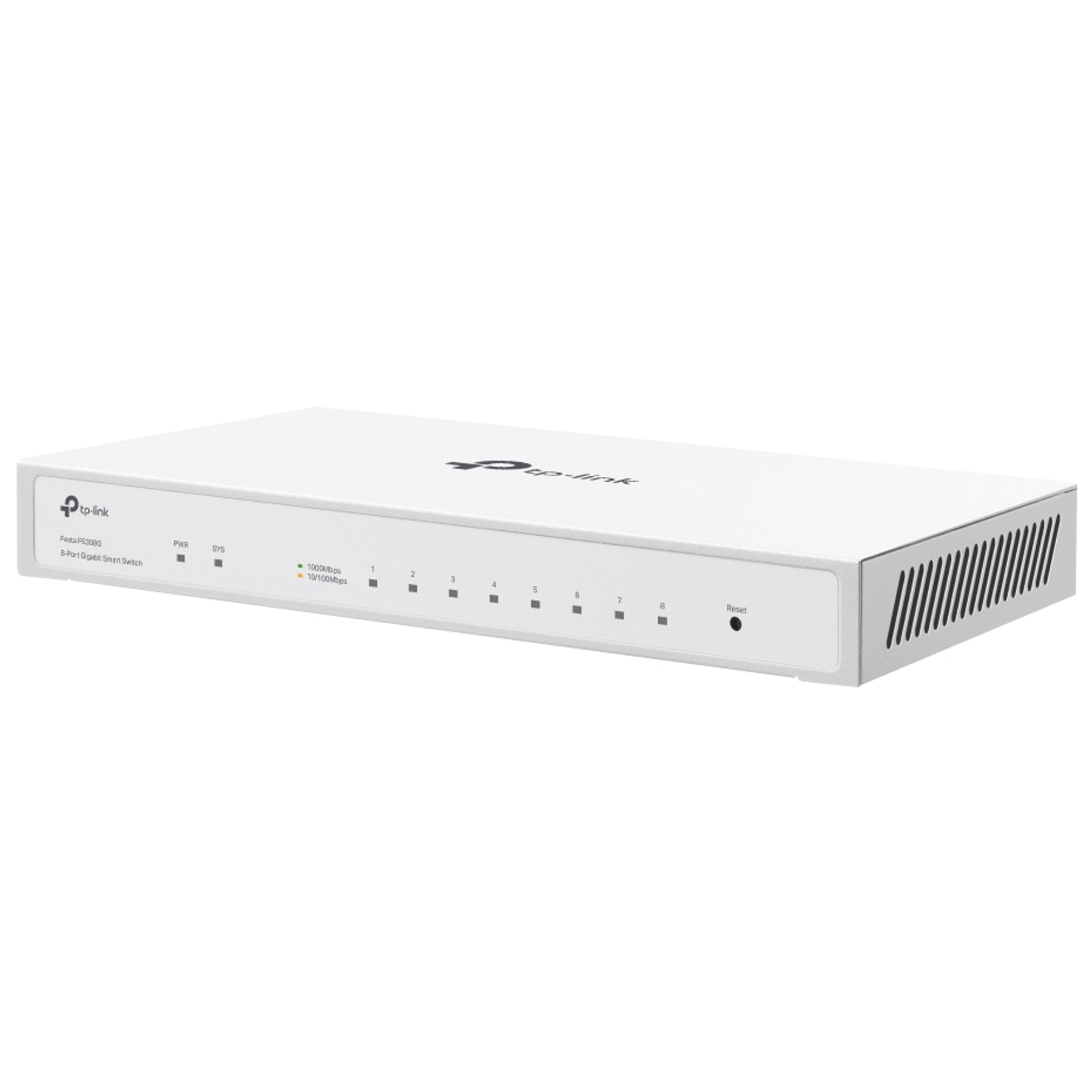 Biały przełącznik TP-Link 8-Port Gigabit Smart Switch. Posiada ponumerowane porty, diody LED i przycisk reset. Widoczne logo marki.