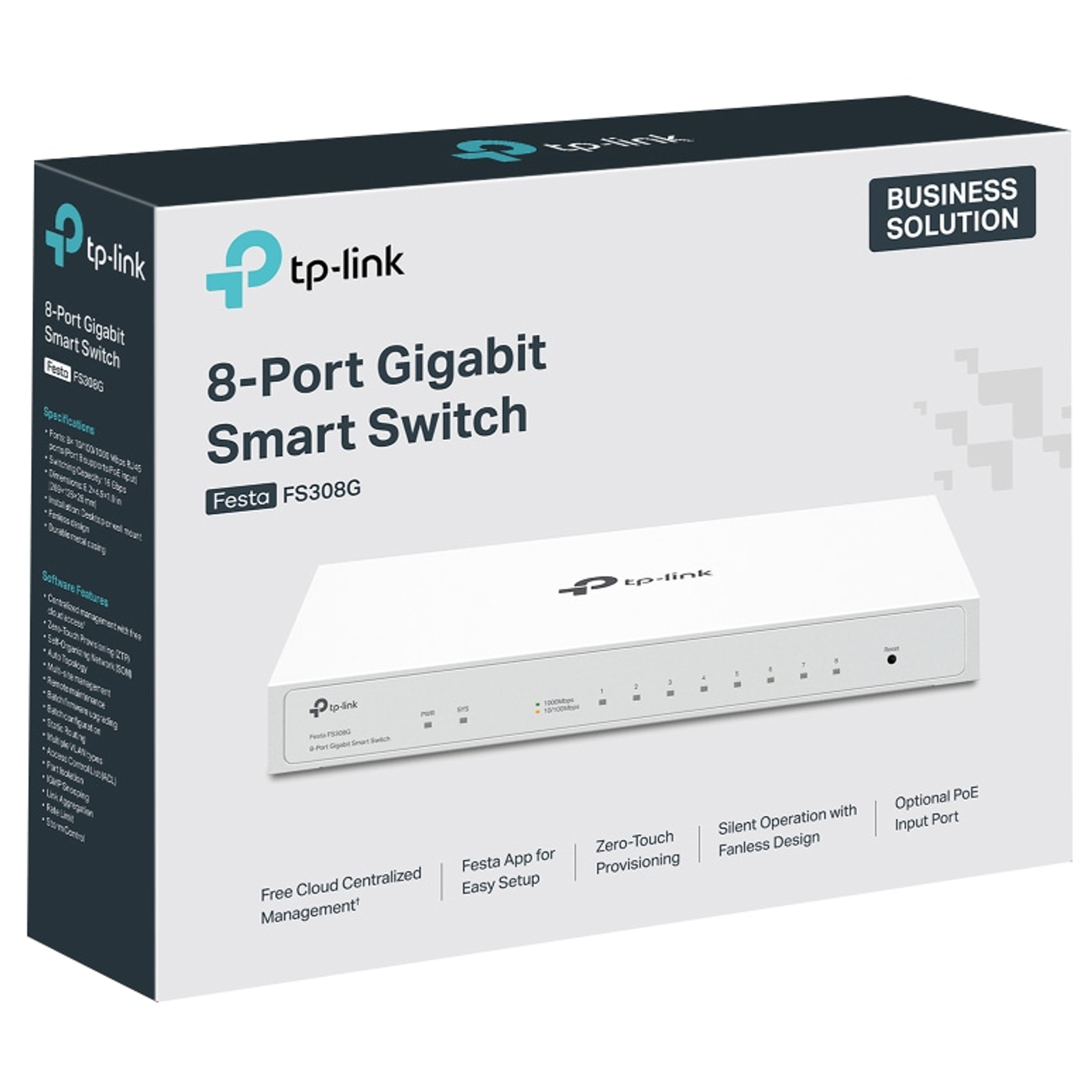 Pudełko 8-portowego przełącznika Gigabit Smart Switch FS308G firmy tp-link. Funkcje obejmują zarządzanie w chmurze, łatwą konfigurację, cichą pracę i wejście PoE.