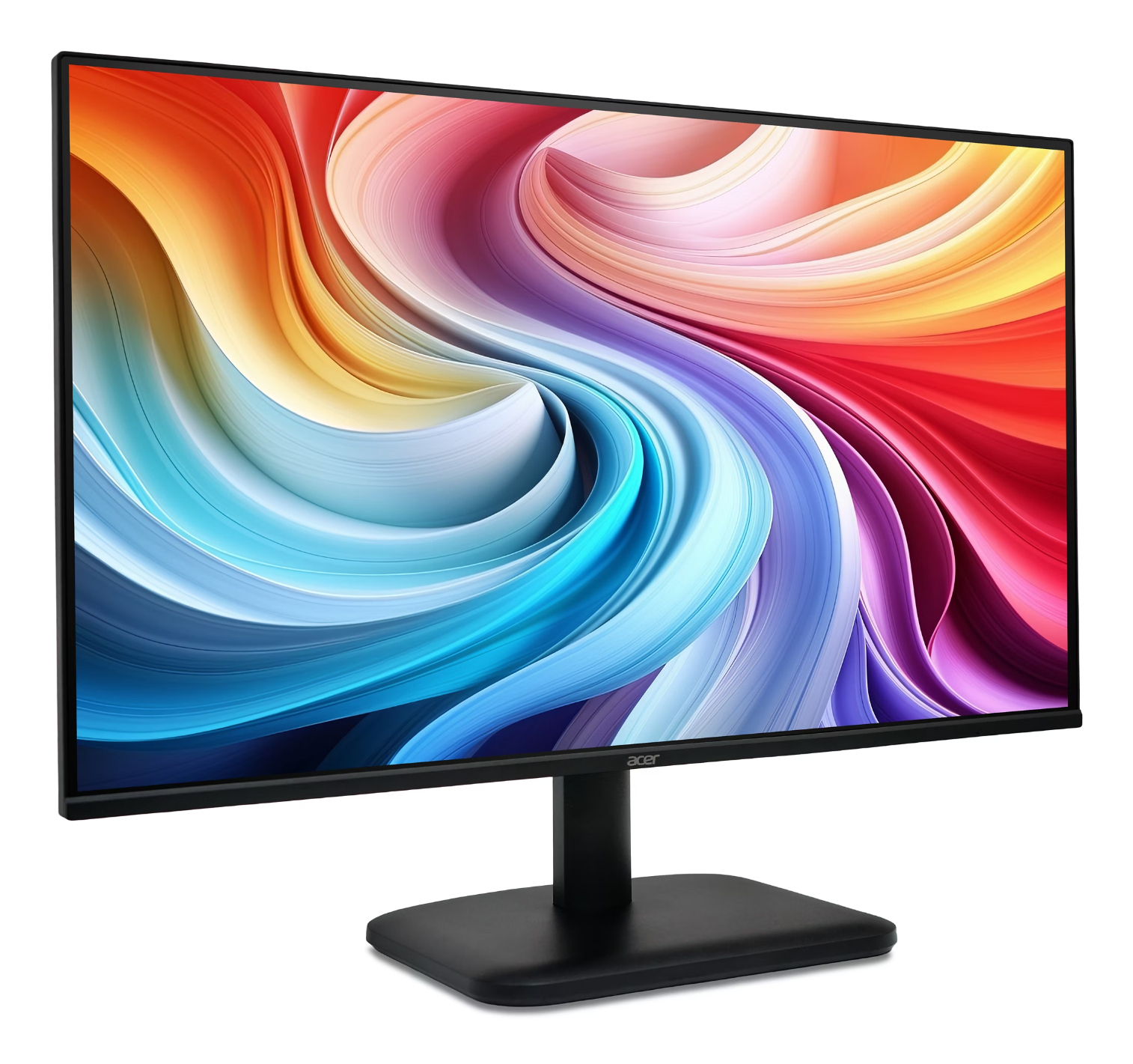 Monitor Acer wyświetla kolorowe, abstrakcyjne tło. Stoi na czarnym stojaku na białym tle.