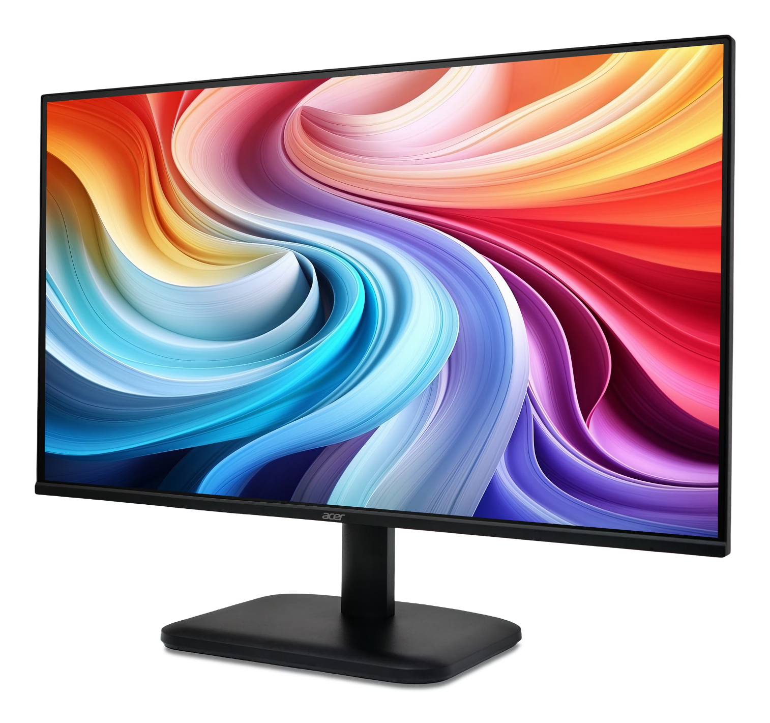 Monitor Acer wyświetla kolorowy abstrakcyjny obraz. Monitor jest czarny, na czarnej podstawce. Tło jest białe.