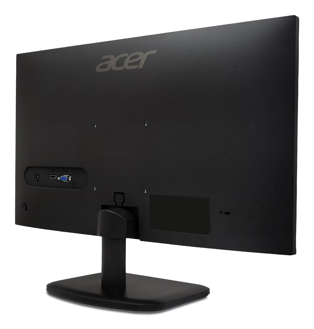 Tył czarnego monitora Acer. Widoczne porty, stojak i logo. Stoi na białej powierzchni. Monitor jest pochylony.