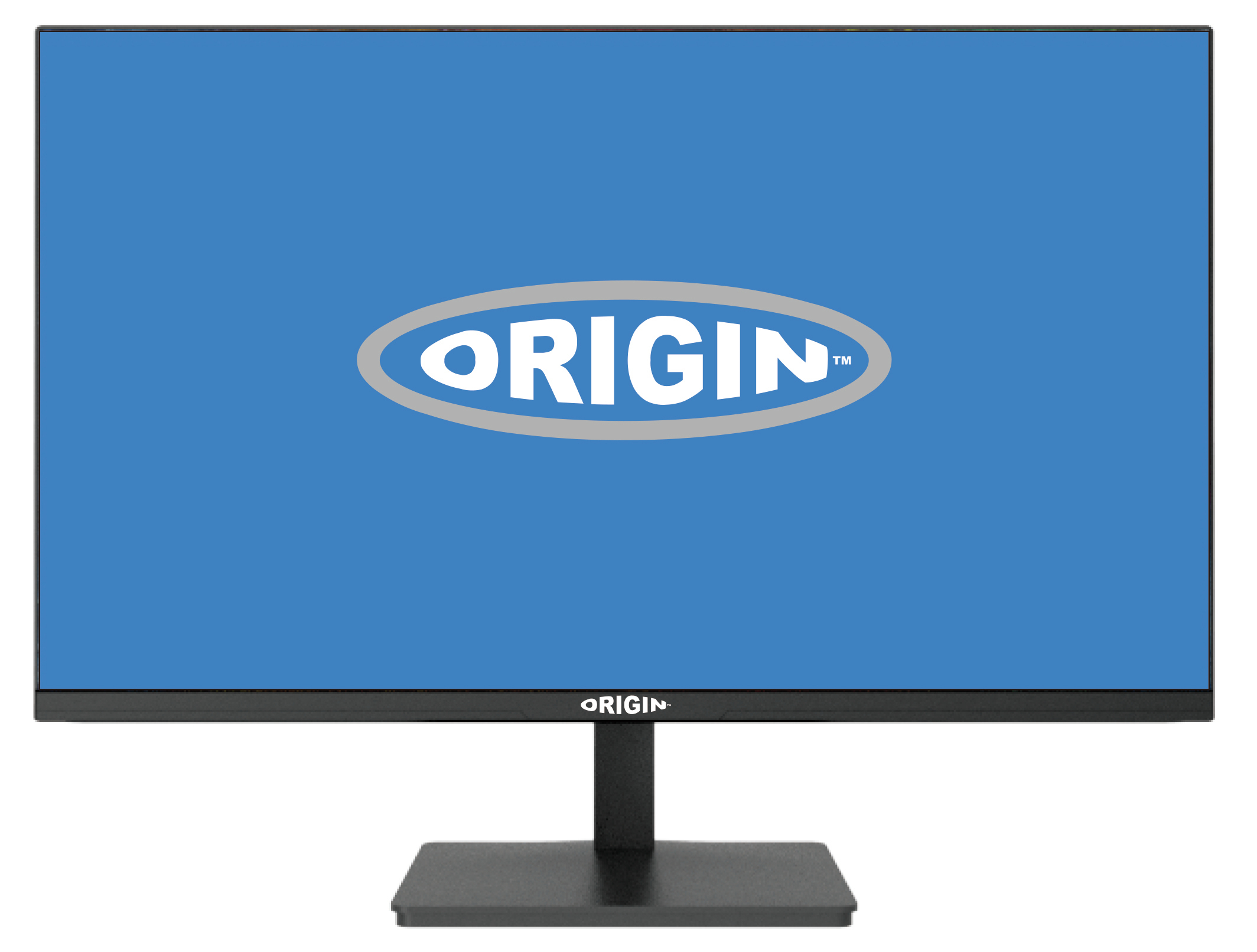 Un monitor di computer con schermo blu che mostra la parola ORIGIN in lettere bianche con bordo grigio. Supporto nero.