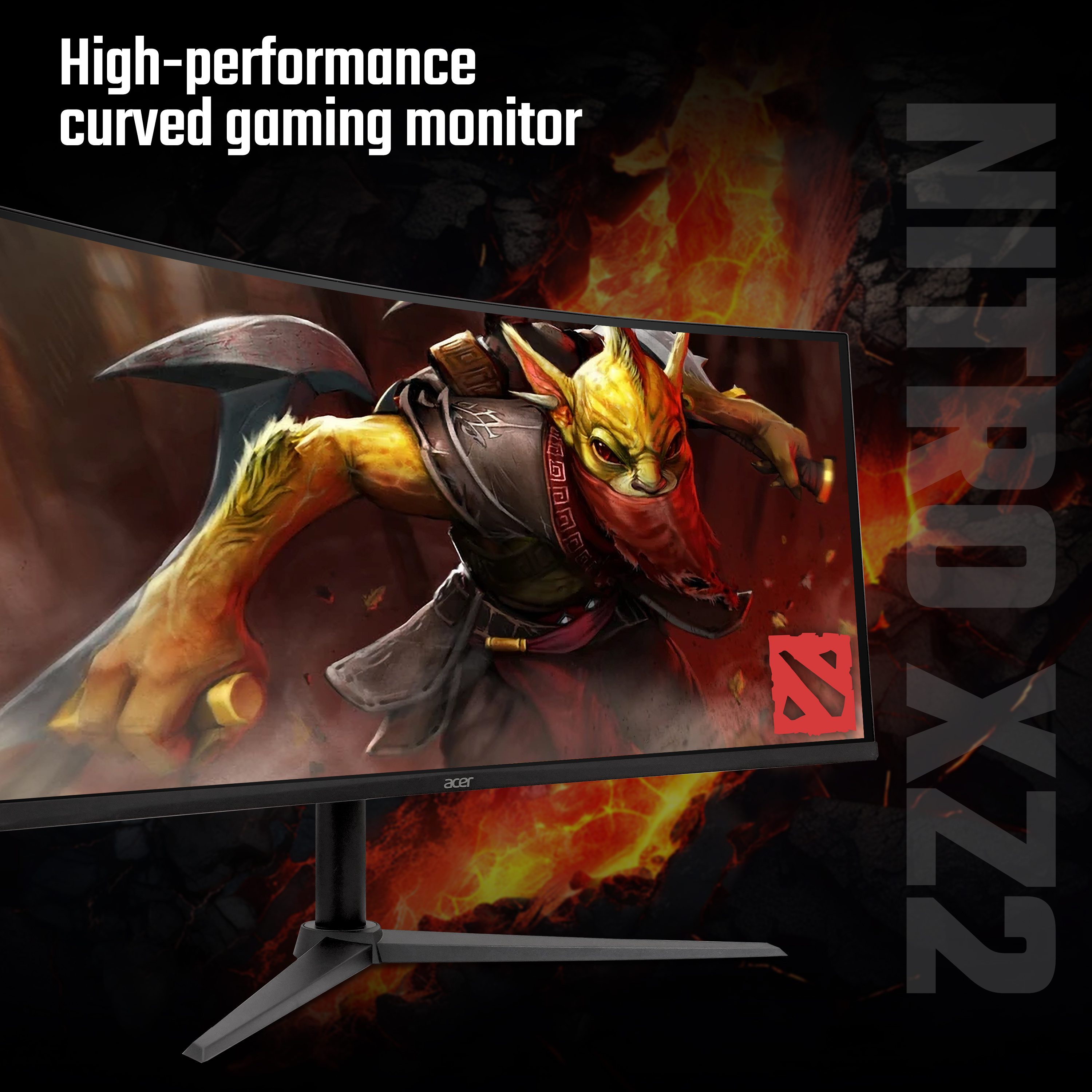 Zakrzywiony monitor do gier wyświetla postać z Dota 2 na tle ognia. Tekst: 'Wysokowydajny zakrzywiony monitor do gier'.