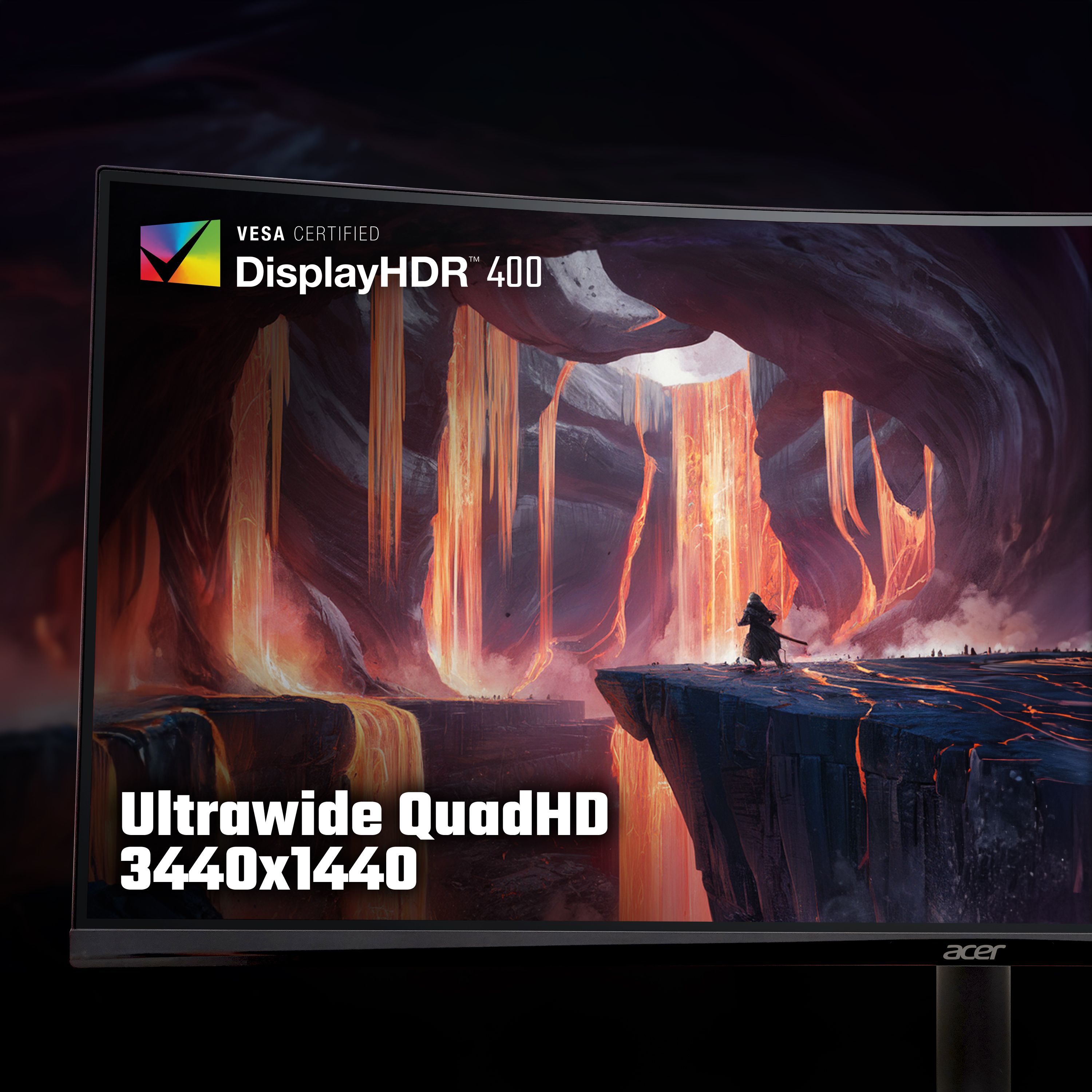 Monitor wyświetla fantastyczną scenę z postacią na klifie. Monitor jest oznaczony jako 'DisplayHDR 400' i 'Ultrawide QuadHD'.