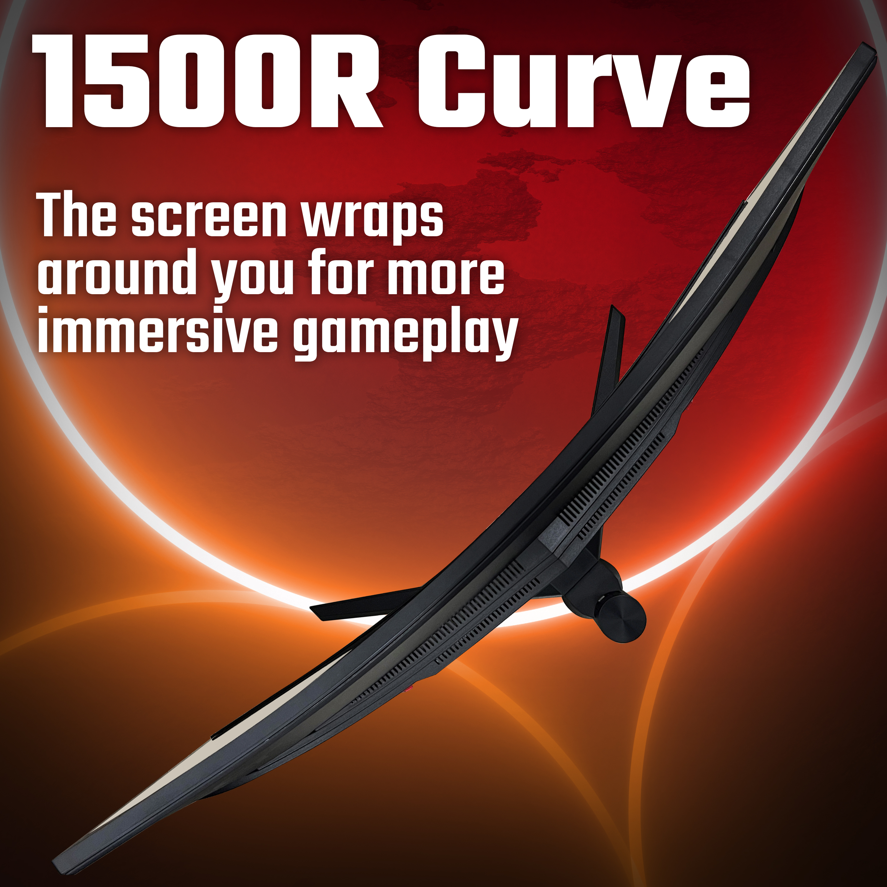 Zakrzywiony monitor z napisem '1500R curve'. Ekran otacza, oferując bardziej wciągającą rozgrywkę.