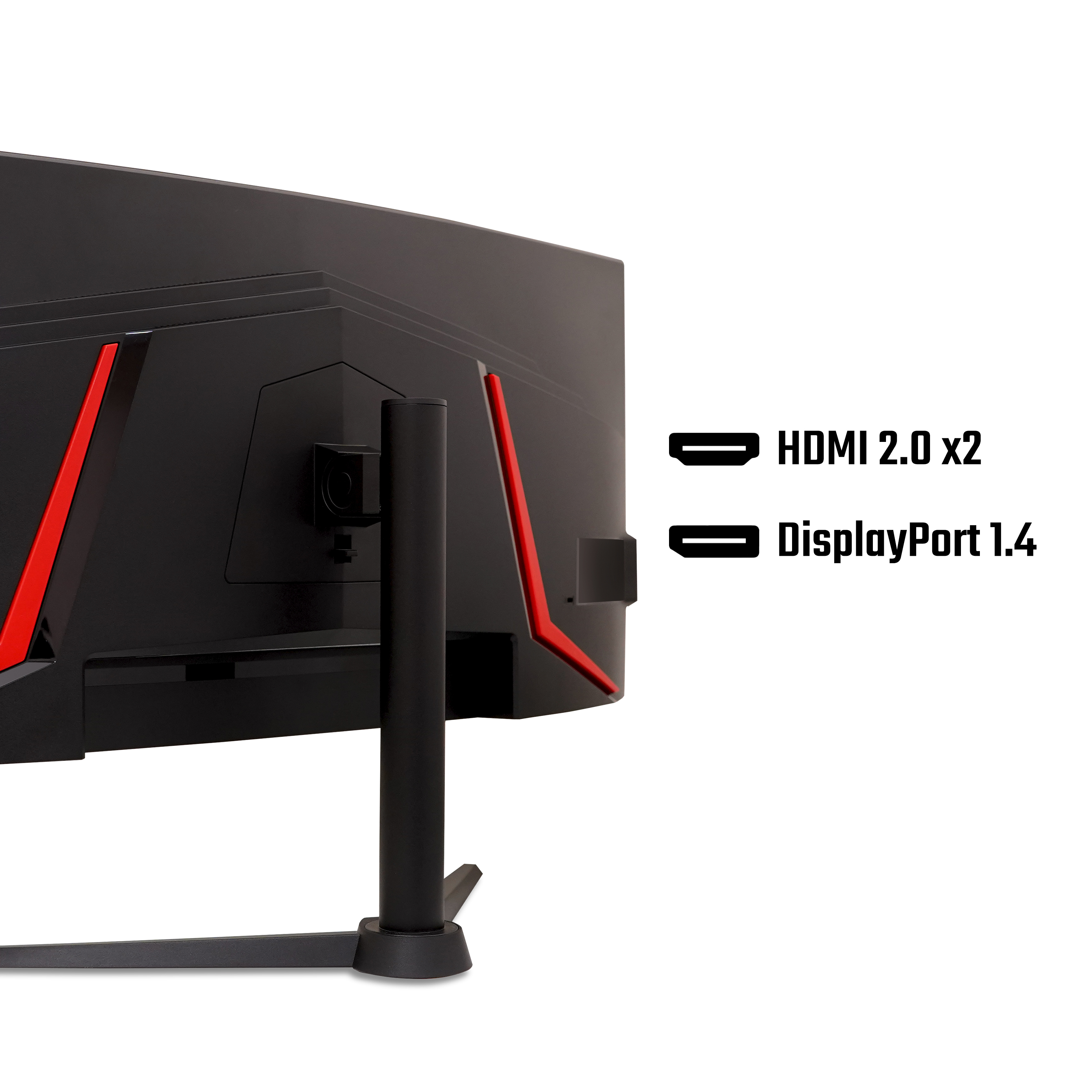 Tył czarnego monitora z czerwonymi akcentami. Widoczne porty HDMI i DisplayPort.