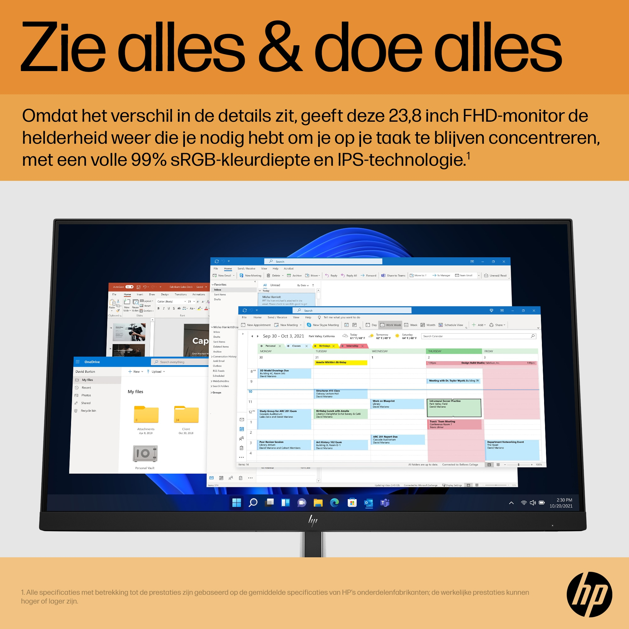 Ein Monitor zeigt Kalender, E-Mails und Datei-Explorer-Fenster. Oben steht: 'Alles sehen & alles tun'.
