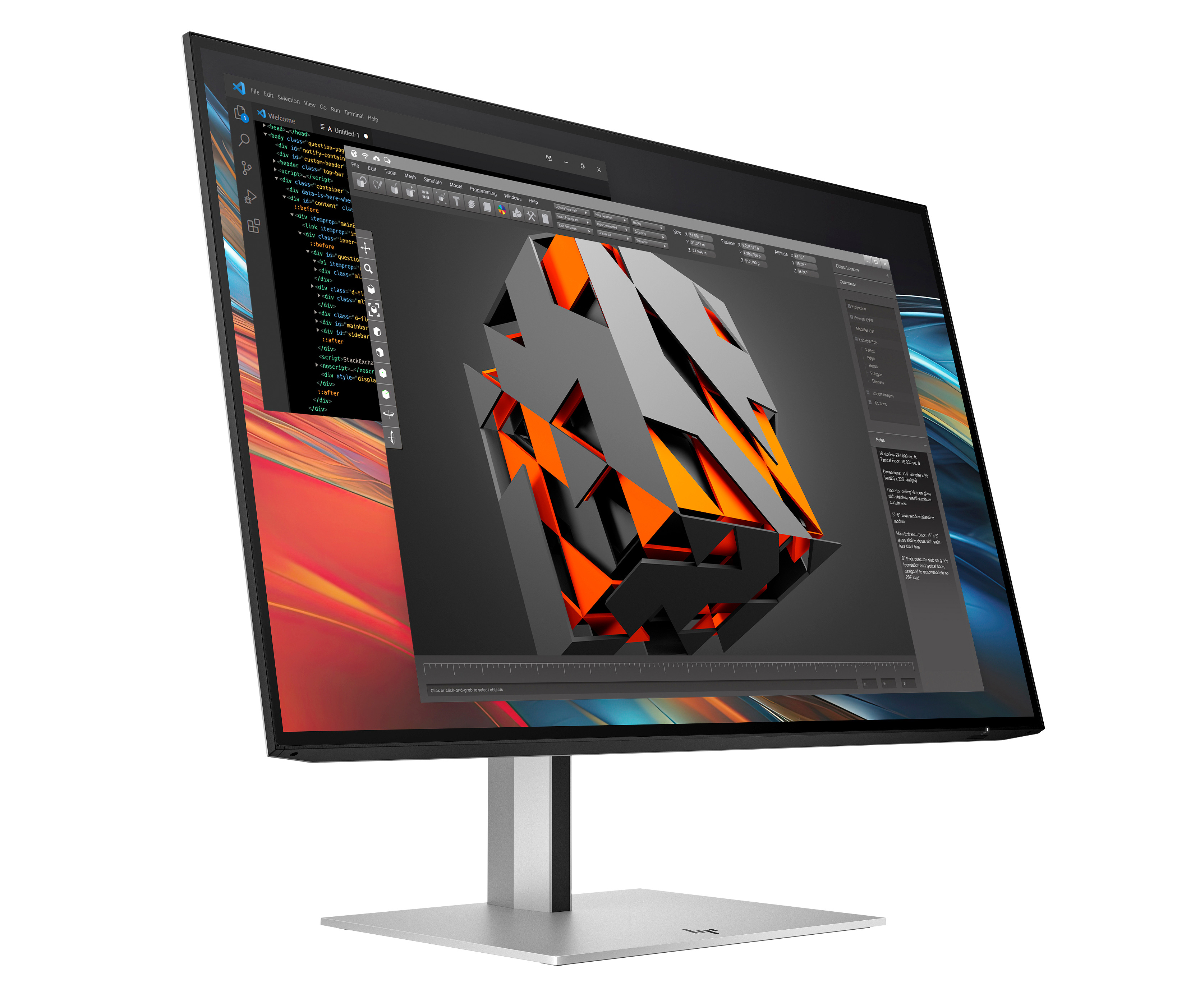 Un monitor di computer mostra la codifica e un modello 3D di una struttura geometrica con accenti arancioni.