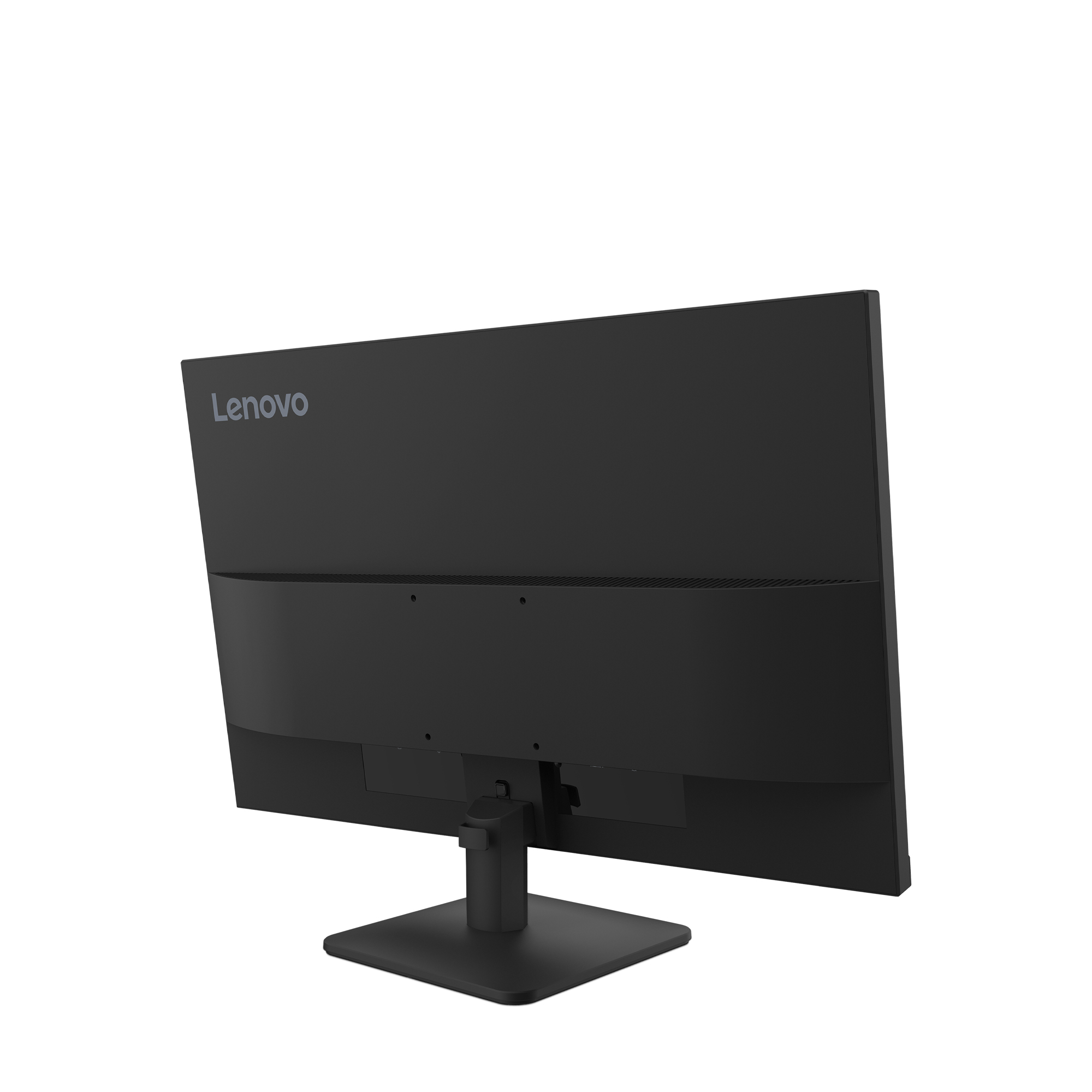 Schwarzer Lenovo-Monitor, Rückansicht. Der Ständer und die Basis sind schwarz. Das Logo ist sichtbar.