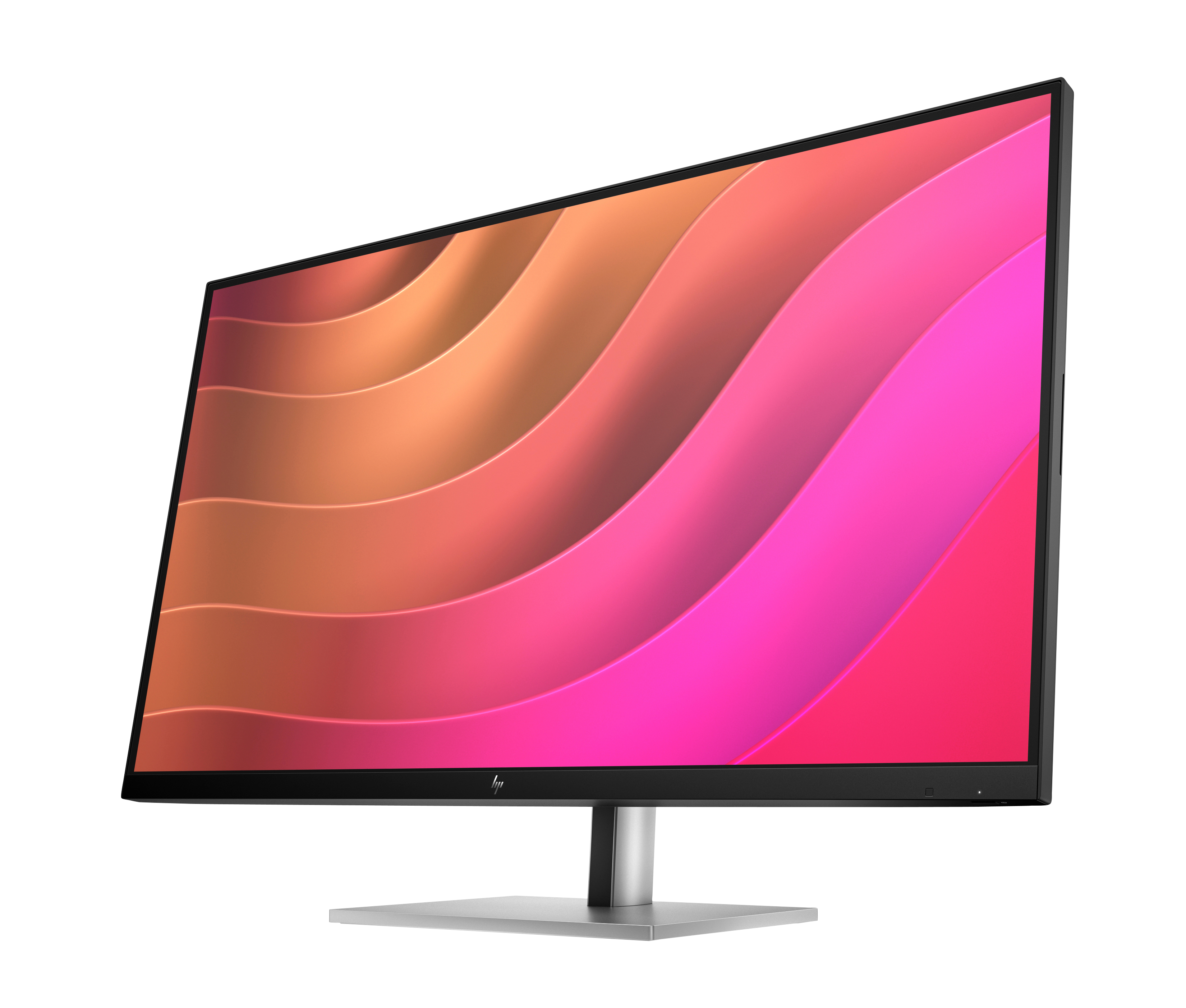 Un monitor HP mostra un'immagine astratta colorata. Ha una cornice nera e una base argentata. Lo sfondo è bianco.
